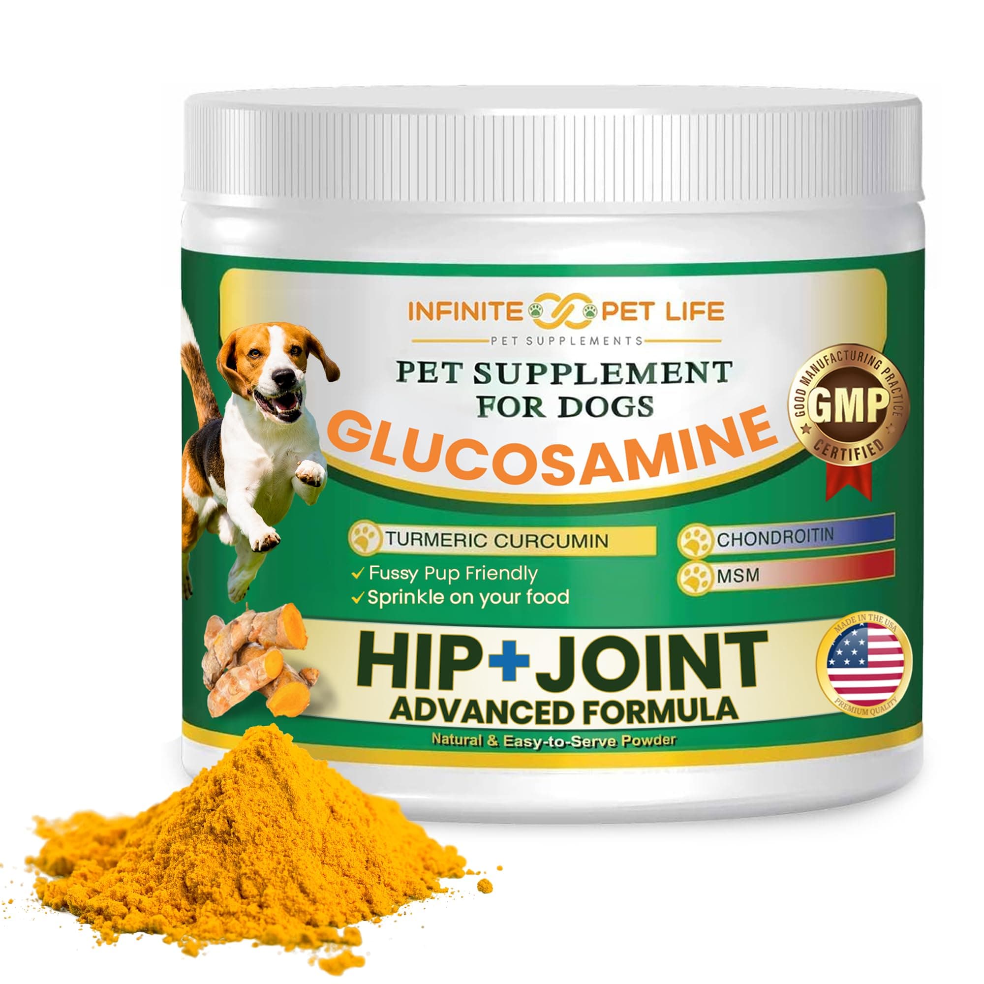 Infinite Pet Life Hip & Joint Supplement Powder for Dogs - Glucosamine, MSM, Chondroitin & Tumeric | Advanced Mobility Support for All Ages & Active Dogs - 12.7 oz