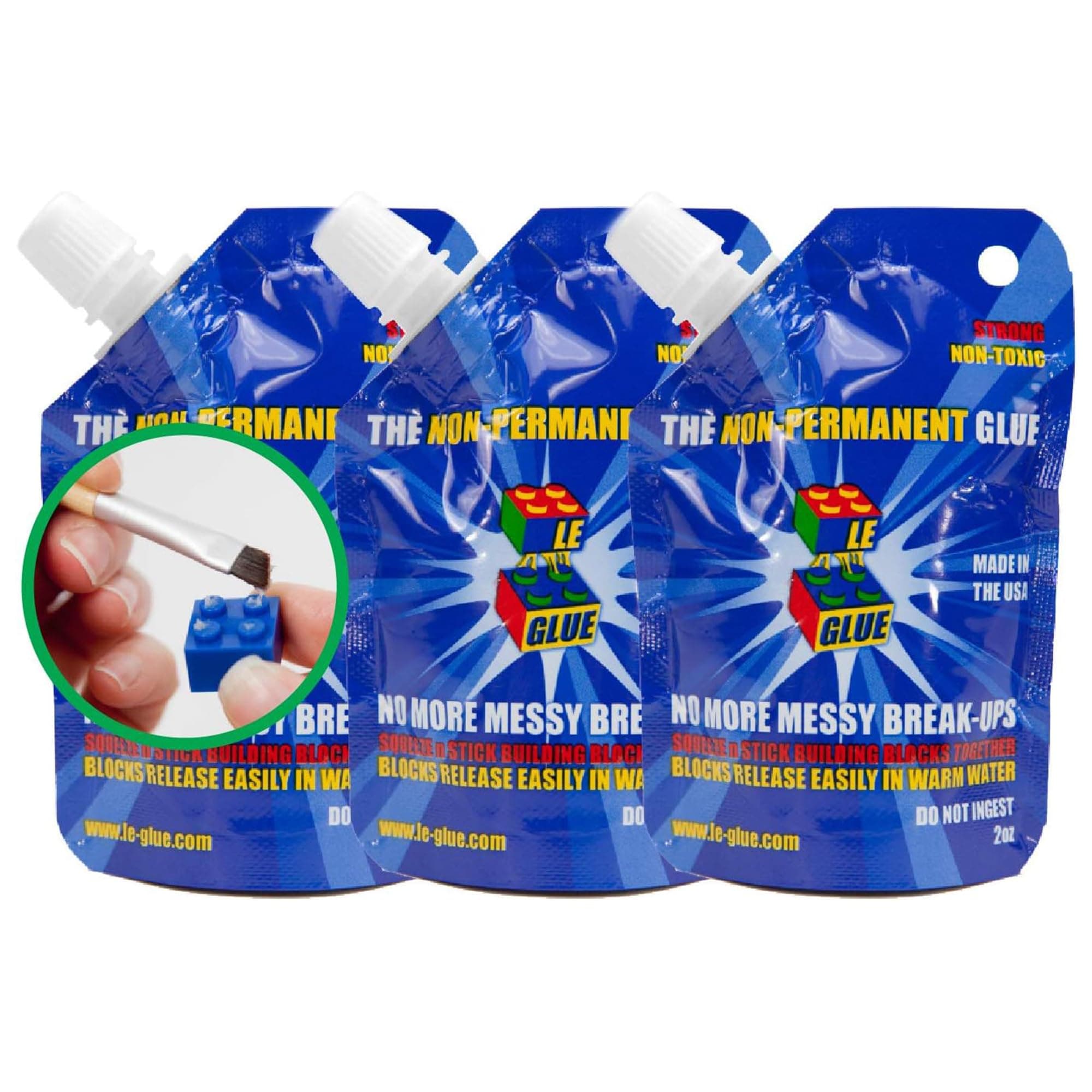 Le Glue Temporary Glue 3 Pack - Compatible with Legos - Non-Permanent Clear Adhesive for Plastic Building Blocks - No Messy Break-Ups - Non-Toxic Formula - Created for Kids, by a Kid