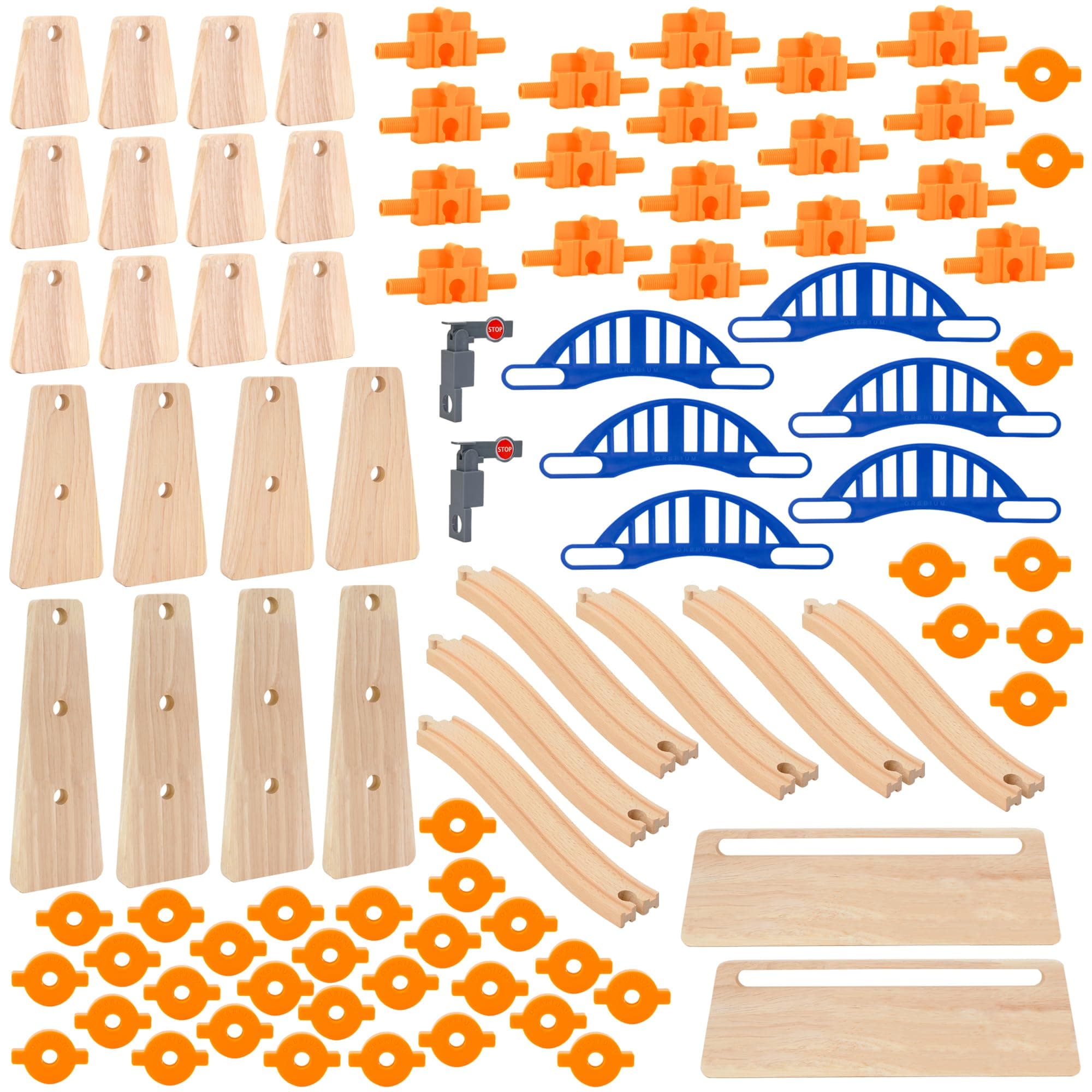 Wooden Train Track Accessories Build & Play Construction Set 90 PCS Ultimate Elevated Railway STEM Toys Track Expansion Pack Ascending Tracks Risers Bridges Tunnel Stop Go Gate Compatible Thomas Brio