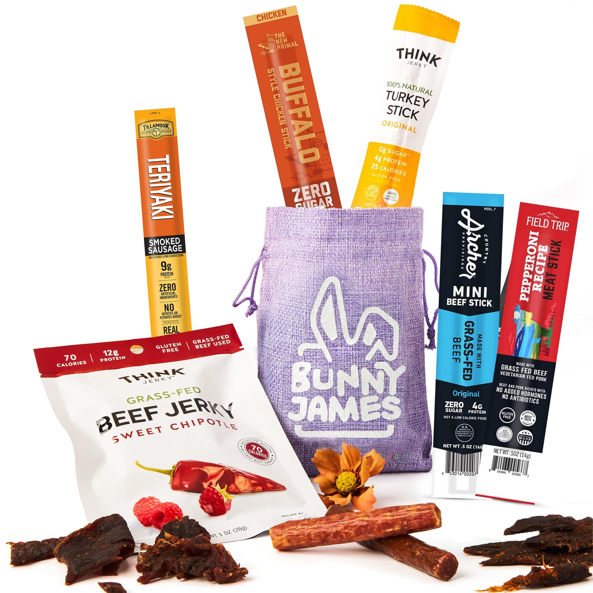 Jerky Gift for Men - Premade Gift Basket Stuffers for Adults - Prefilled with Curated Assortment of Exotic Beef Sticks - Protein Snacks, For Dad