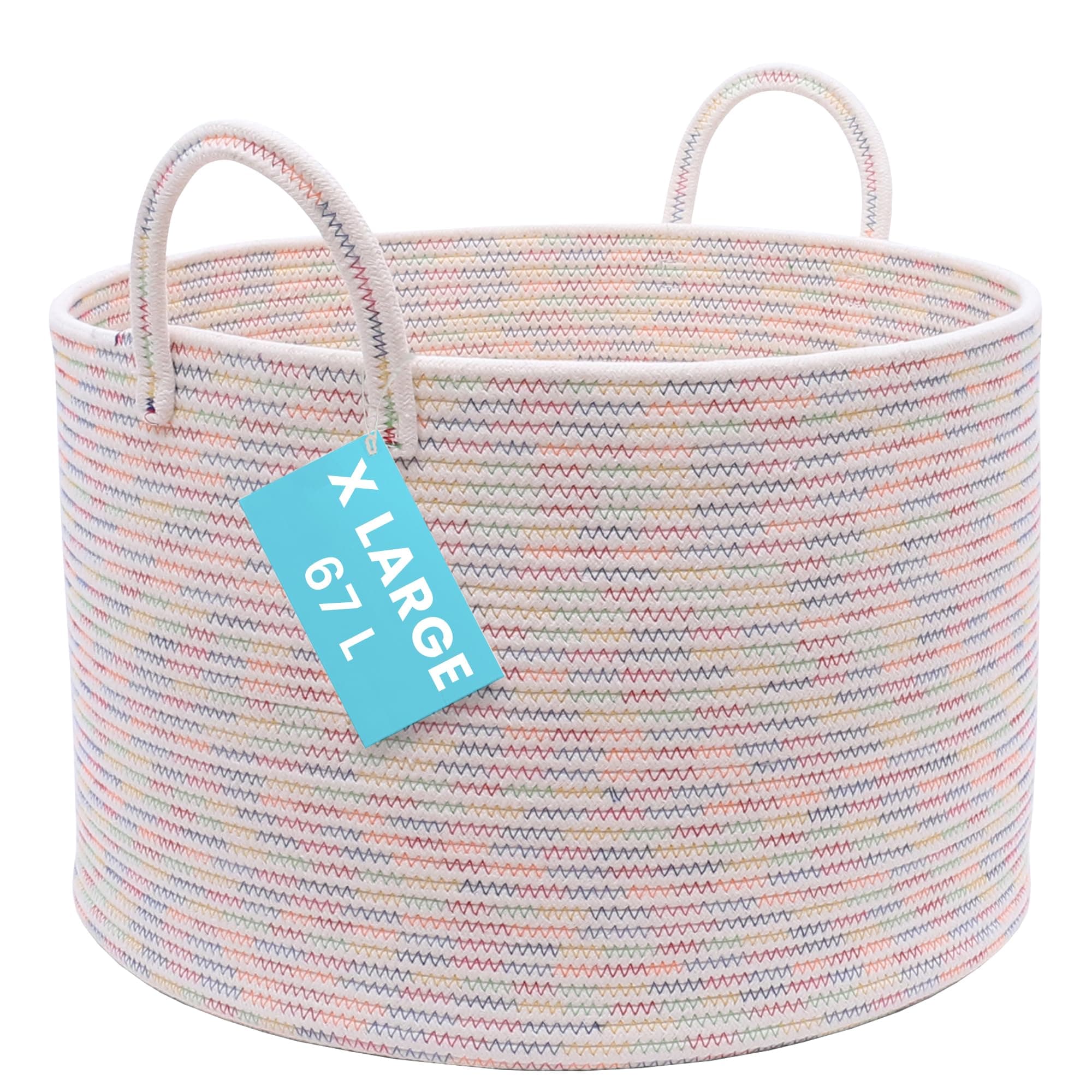 Large Woven Storage Basket for Blankets and Toys 20" x 13" Inch, Rope Laundry Basket with Handles, Cushions & Pillows Storage Bin, Nursery Hamper, Soft Round Dog Toy Bin - Rainbow Stitches