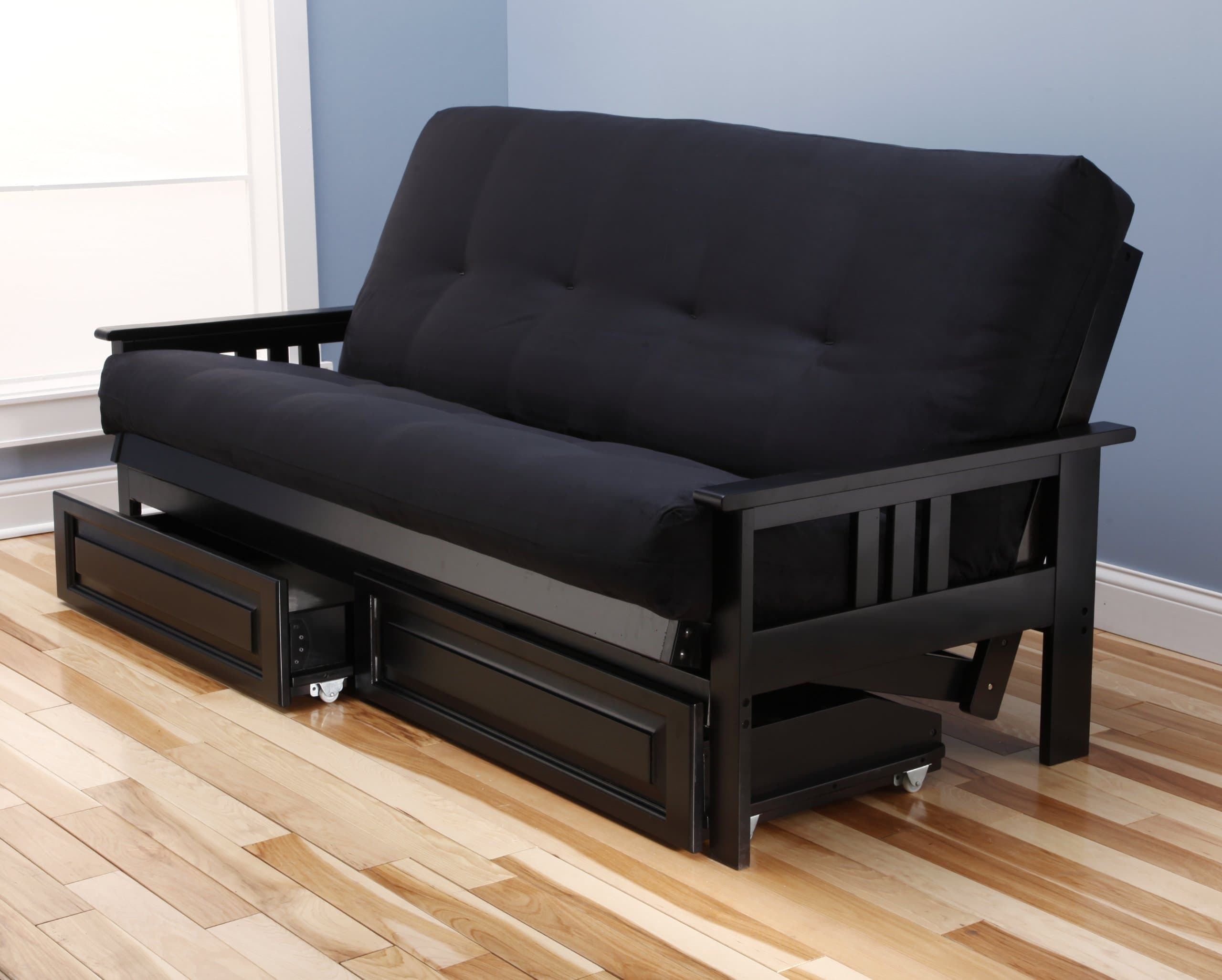 Monterey Full Size Futon Sofa and Drawer Set, Black Painted Hardwood Frame and Soft Suede Innerspring Mattress, Black