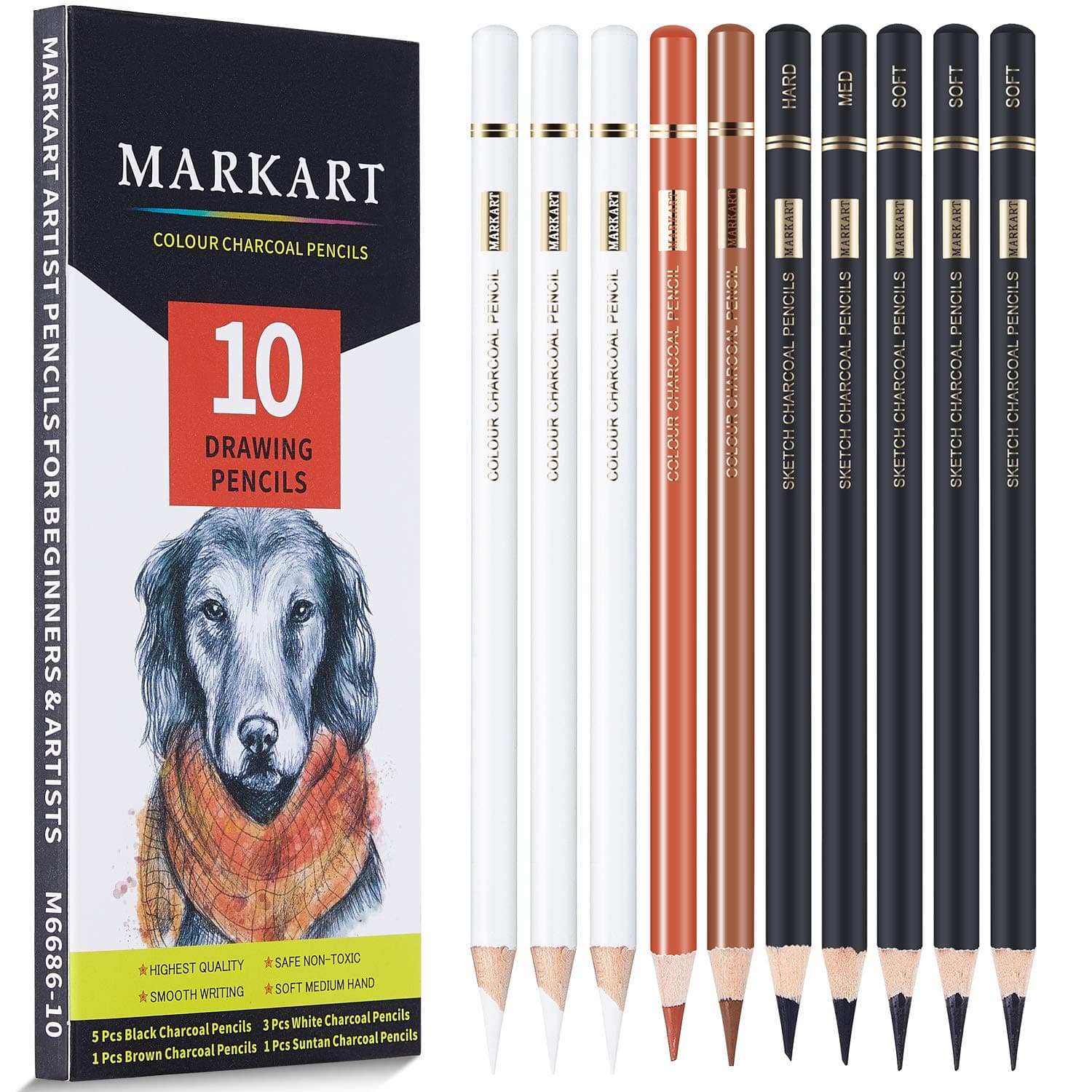 MARKART Professional Charcoal Pencils Drawing Set - 10 Pieces Colour Charcoal Pencils for Drawing, Sketching, Shading, Blending, Sketch Highlight White Pencils for Beginners & Artists
