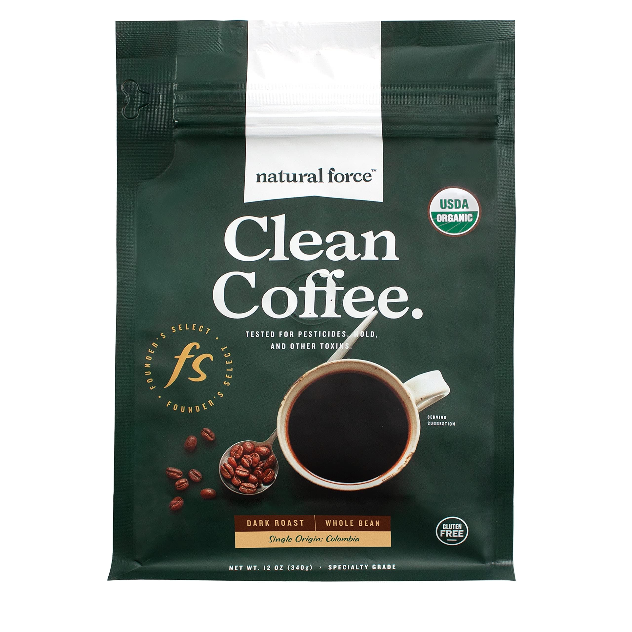 Organic Clean Coffee Dark, Mold & Mycotoxin Free, Lab Tested for Toxins & Purity, Low Acidity, Incredible Taste & Aroma, Founder's Select Whole Bean Dark Roast, 12 oz