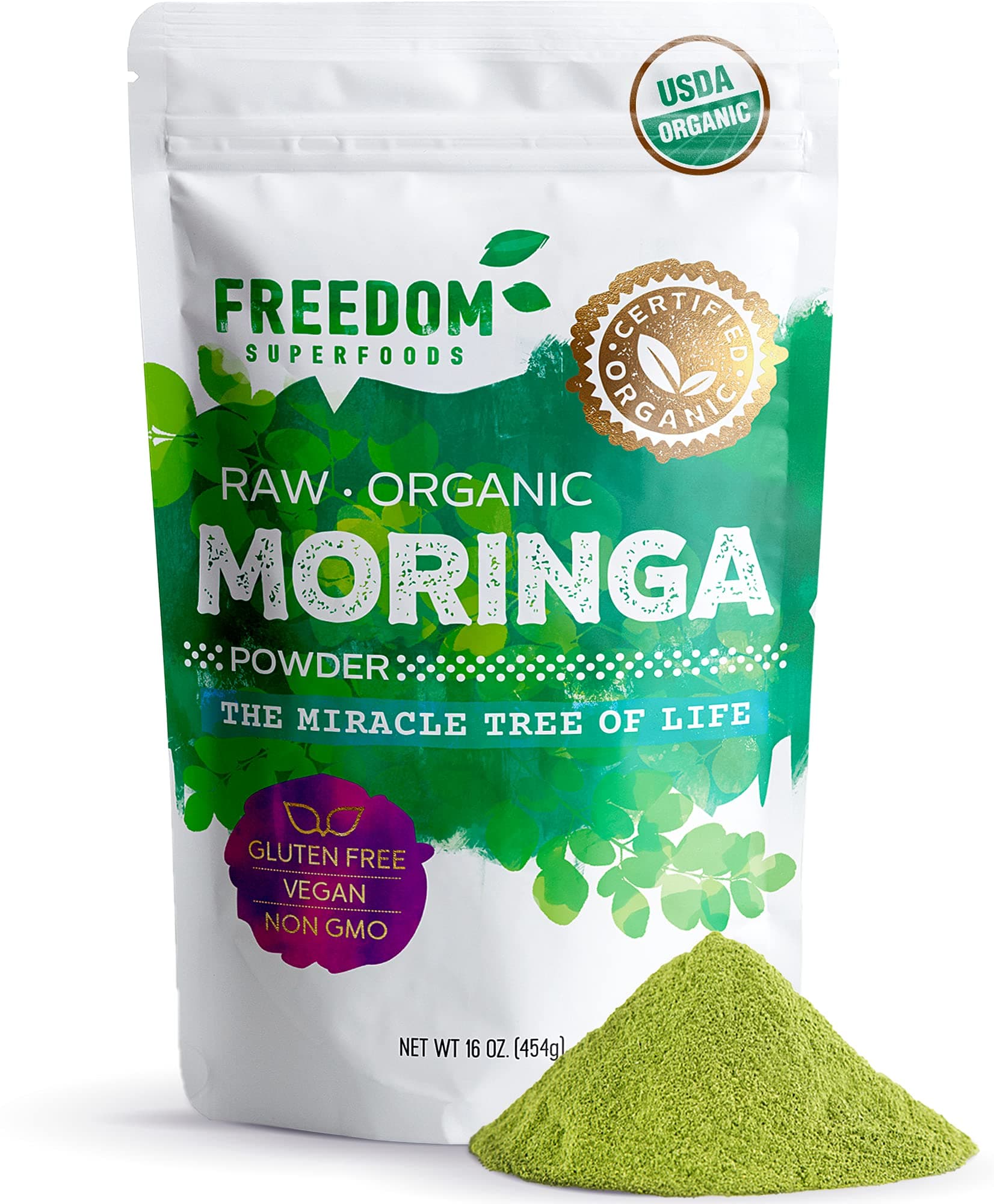 Raw Organic Moringa Powder - Pure Leaves from The Moringa Oleifera Tree in India - Nutrient-Rich Superfood for Tea, Smoothies & Vegetable Protein - Gluten-Free, Keto, Vegan, & Non-GMO - 1lb/ 16oz