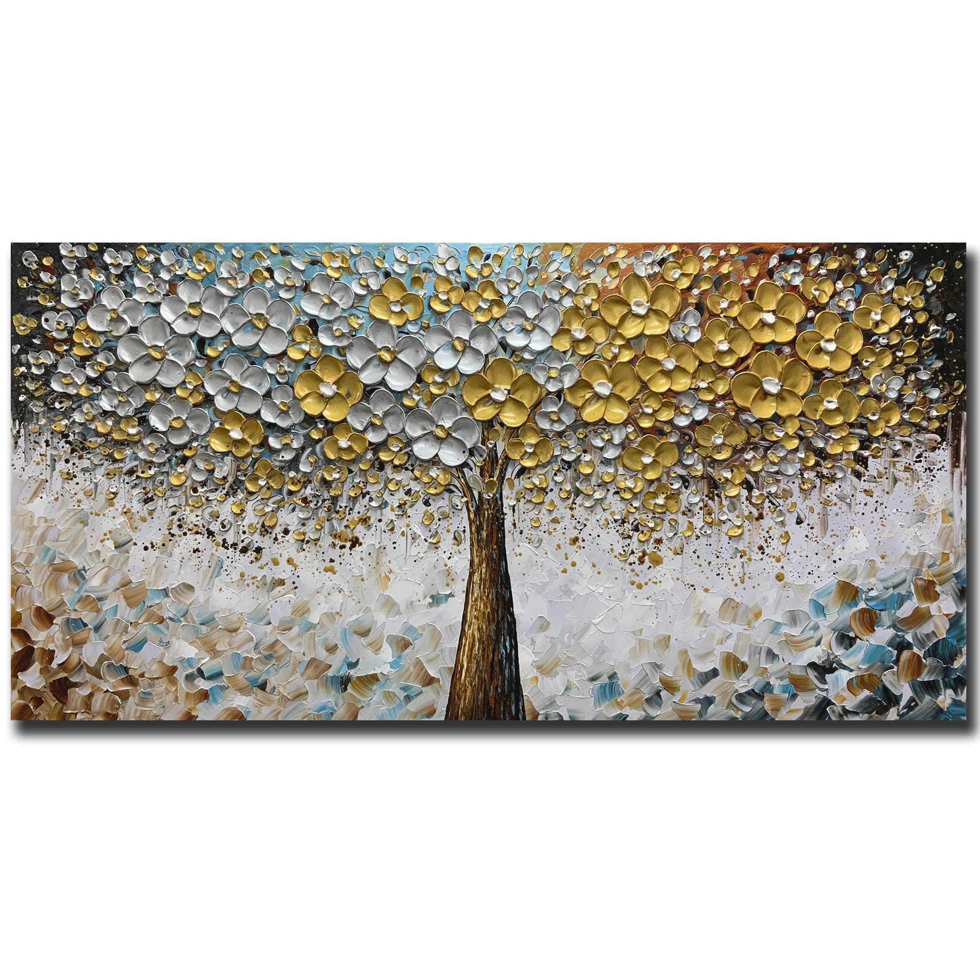 ART8YUQI Art - Contemporary Abstract Art Oil Painting On Canvas Texture 3D Silver - Golden Flower painting Handmade Artwork Picture Canvas Wall Art Modern Home Decor living room Ready to Hang 30x60 inch