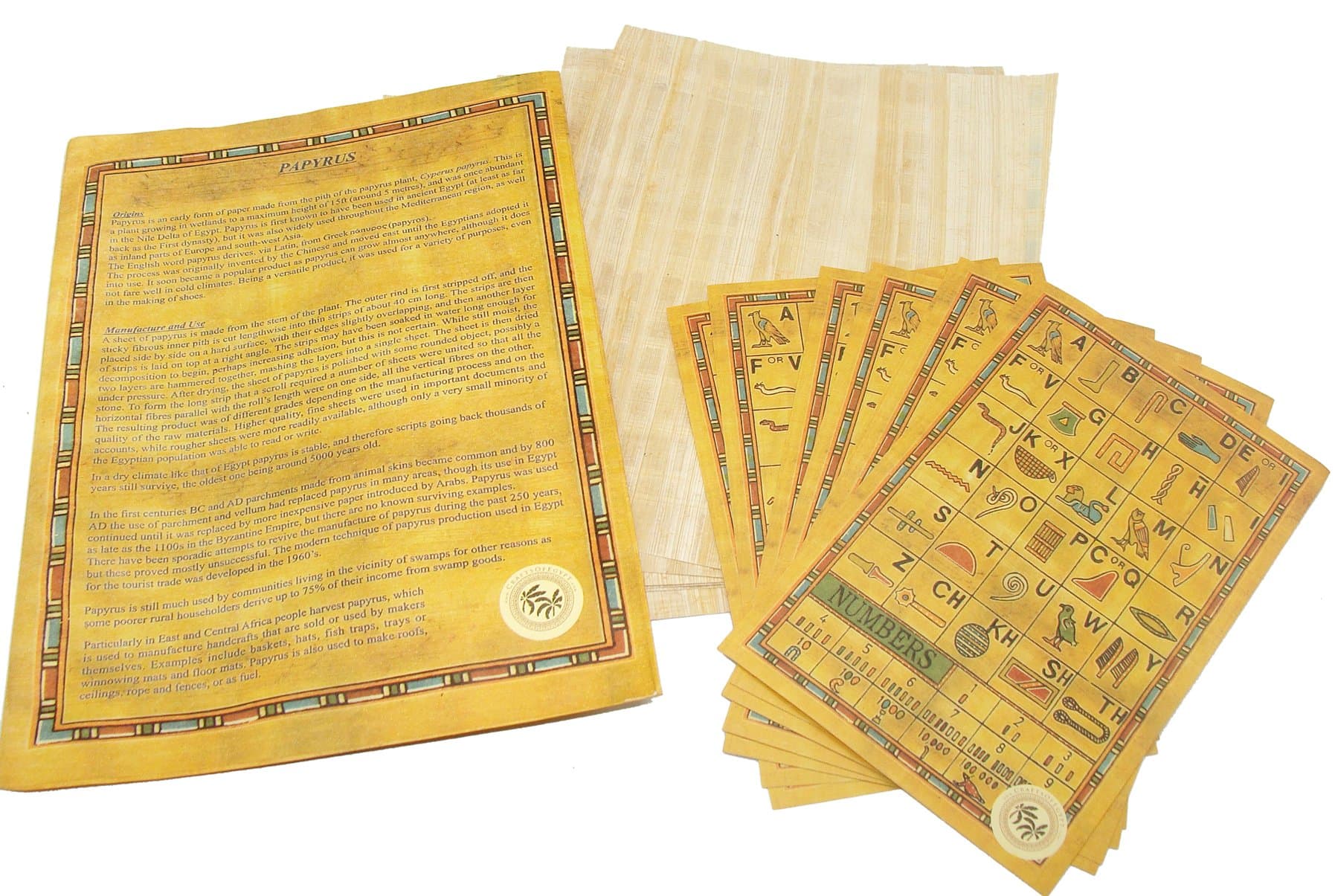 CraftsOfEgyptSet 10 Egyptian Papyrus Paper 6x8 Inch (15x20 cm) - Ancient Alphabets Papyrus Sheets-Papyri for Art Project, Scrapbooking, and School History - Ideal Teaching Aid Scroll Paper