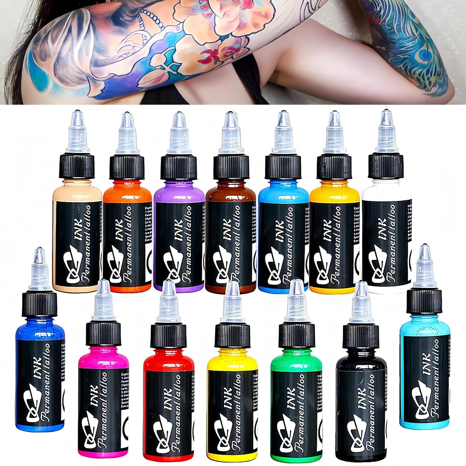 Tattoo Kit 14Pcs Tattoo Ink 14 Colors Set 1 oz 30ml/Bottle Tattoo Inks Pigment Kit for 3D Makeup Beauty Skin Body Art