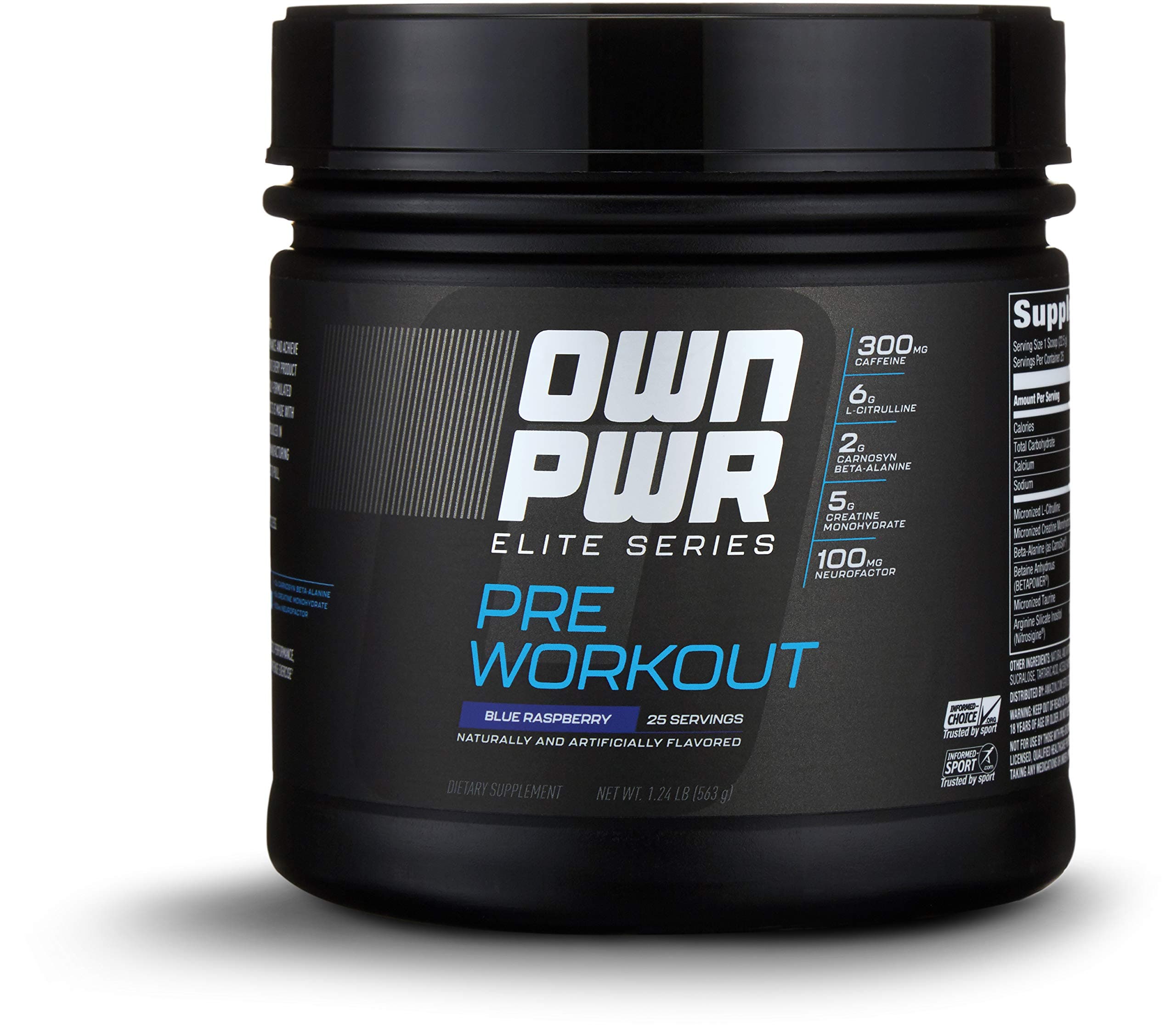Amazon Brand - OWN PWR Elite Series Pre Workout Powder, Blue Raspberry, 25 Servings, Keto Friendly, 5G Creatine, 2G Beta Alanine (as CarnoSyn), 300mg Caffeine & more