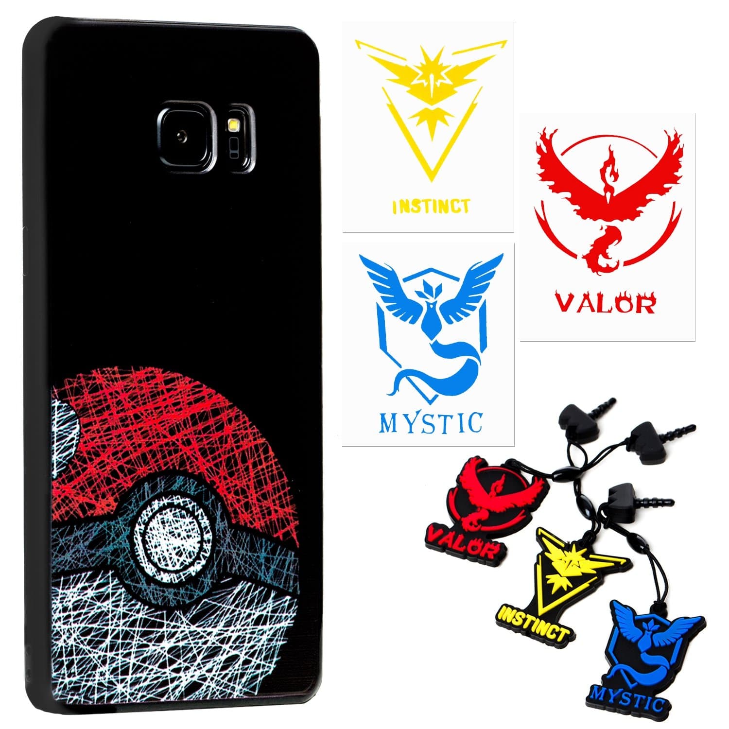 Galaxy S7 Edge Case - Pokemon Go Theme [Pokeball Design] (1) + Audio Plug Charm Valor, Mystic & Instinct (3) + 2" Decal for Each Team (3)