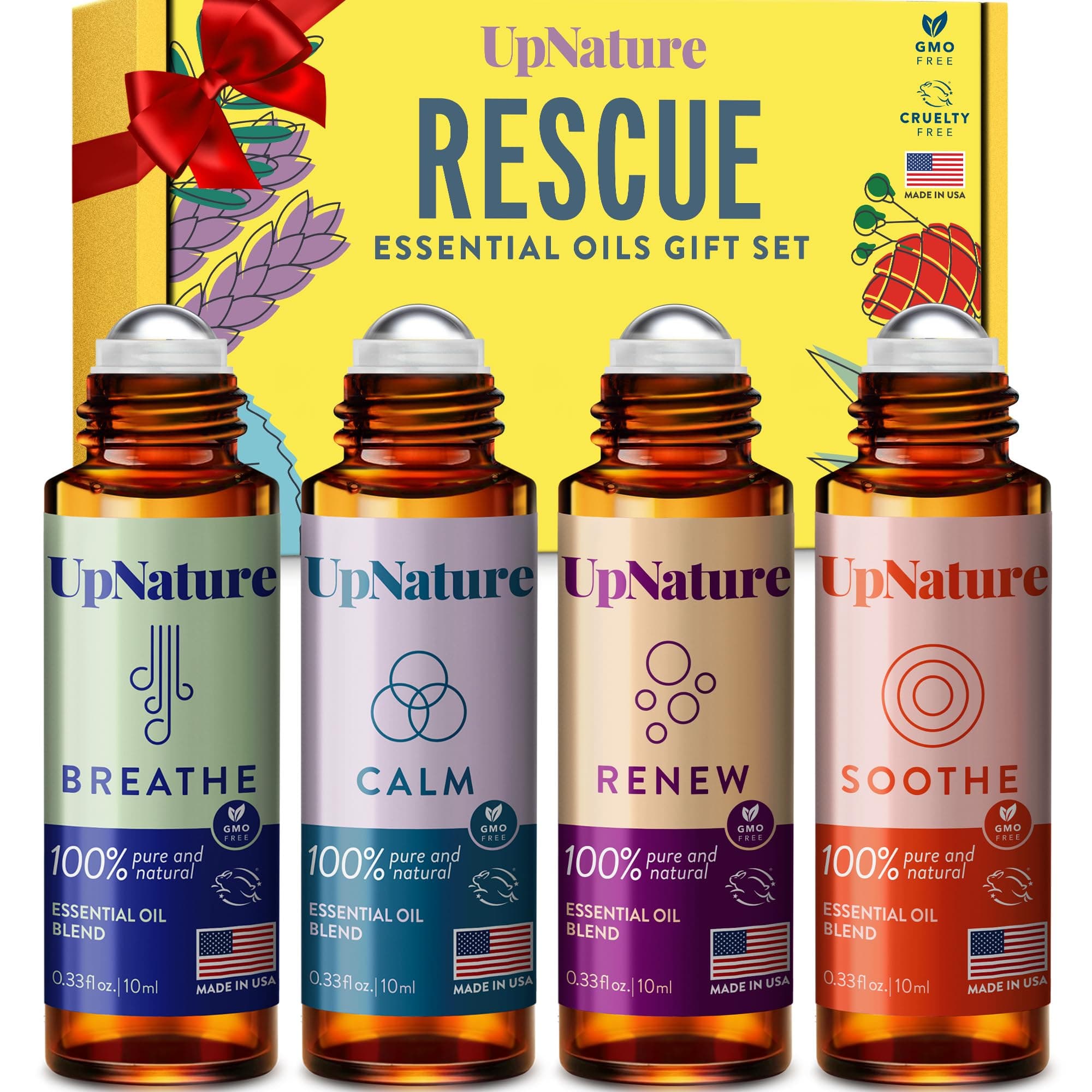 UpNature Essential Oils Roll On Set (Pack of 4) Stress Relief Gift Aromatherapy Oil - Self Care Gifts for Women