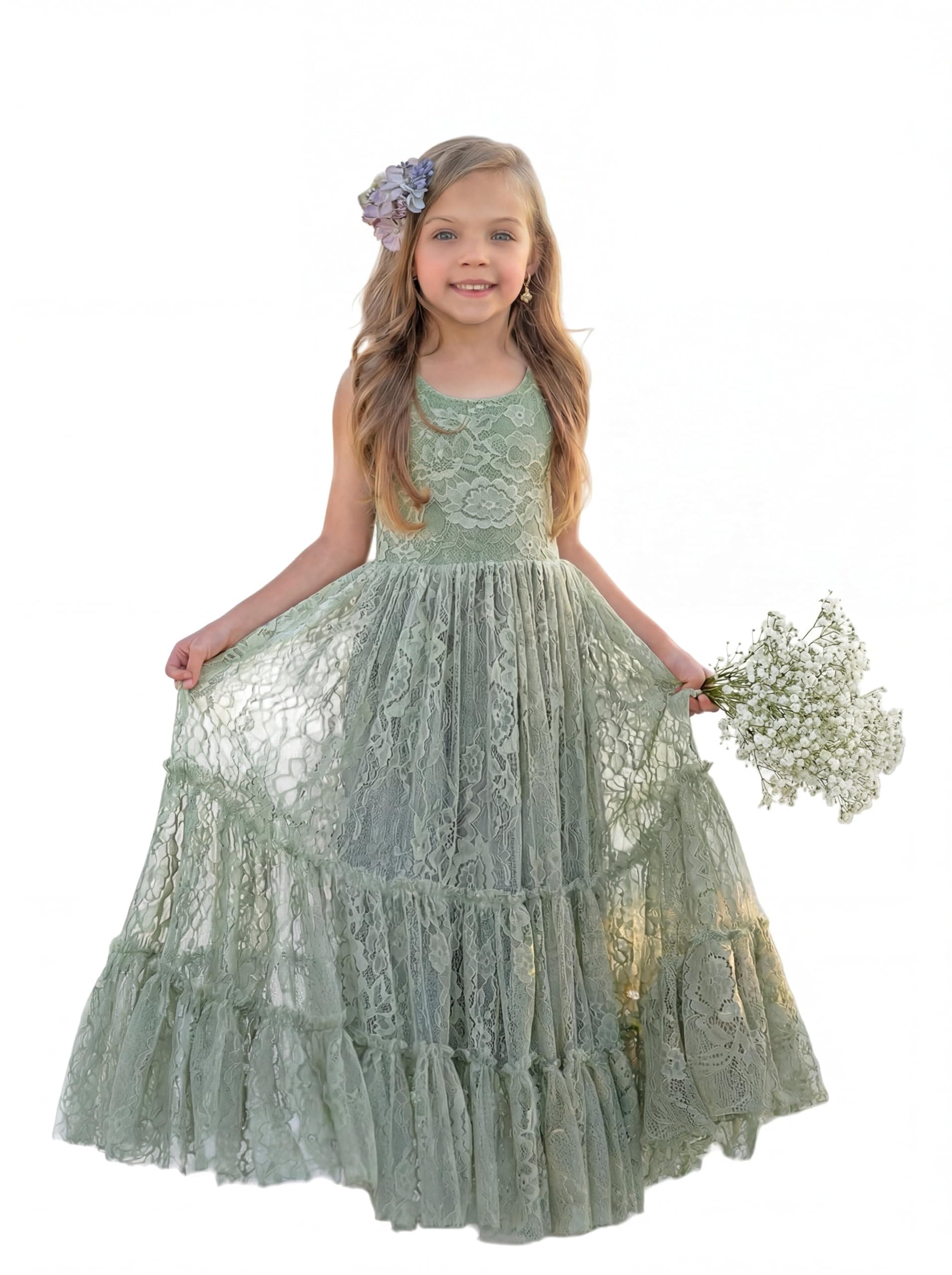 Flower Girl Dress Lace Boho Toddler Dresses Ruffle Girl Dress for Wedding Garden Party Holiday Communion Sleeveless