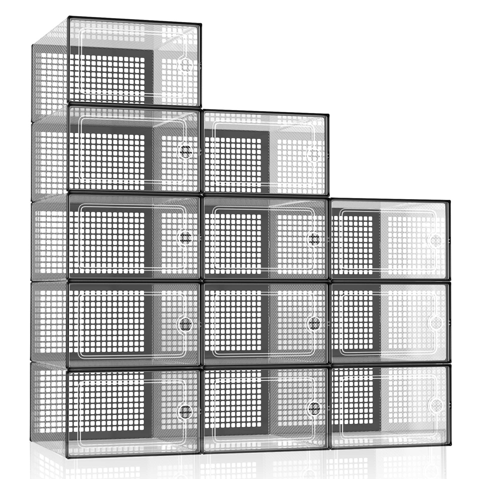 Kesuwe[12 Pack] Shoe Boxes, Stackable Storage Boxes, Fit Size 12, Clear, Suitable for Hallway, Under Stairs and More Indoor Places, Shoes Organization Solution for Whole Family (Black)