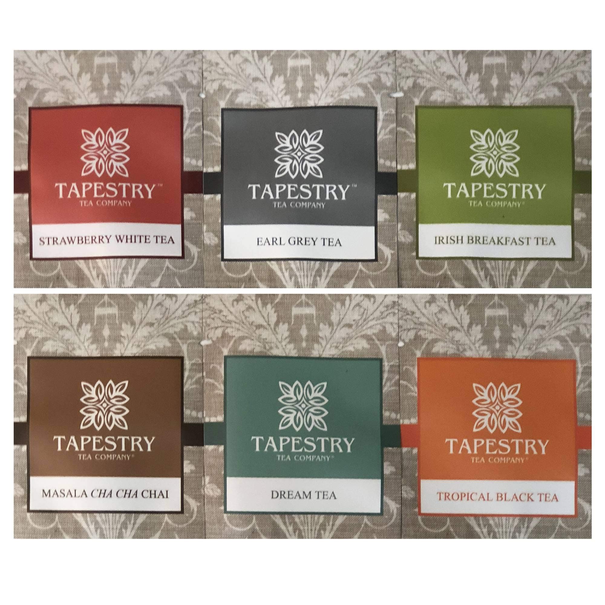 Tapestry Tea Sampler Assorted Specialty Teas Gift Pouch and Coaster - 6 Pack