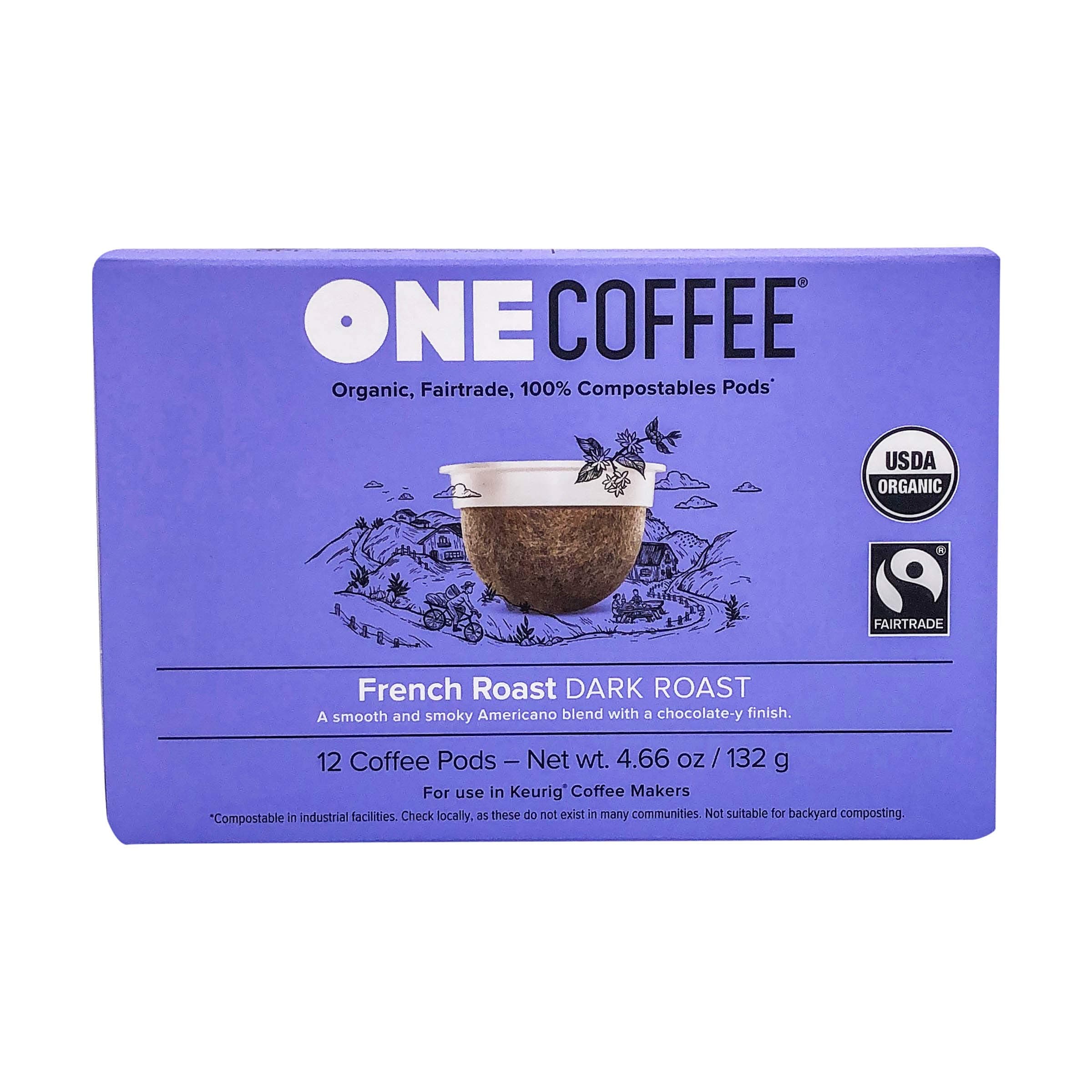 OneCoffee Organic French Roast 12 Count Single Serve Coffee 100% Compostable K Cup for Keurig Machines - Dark Roast