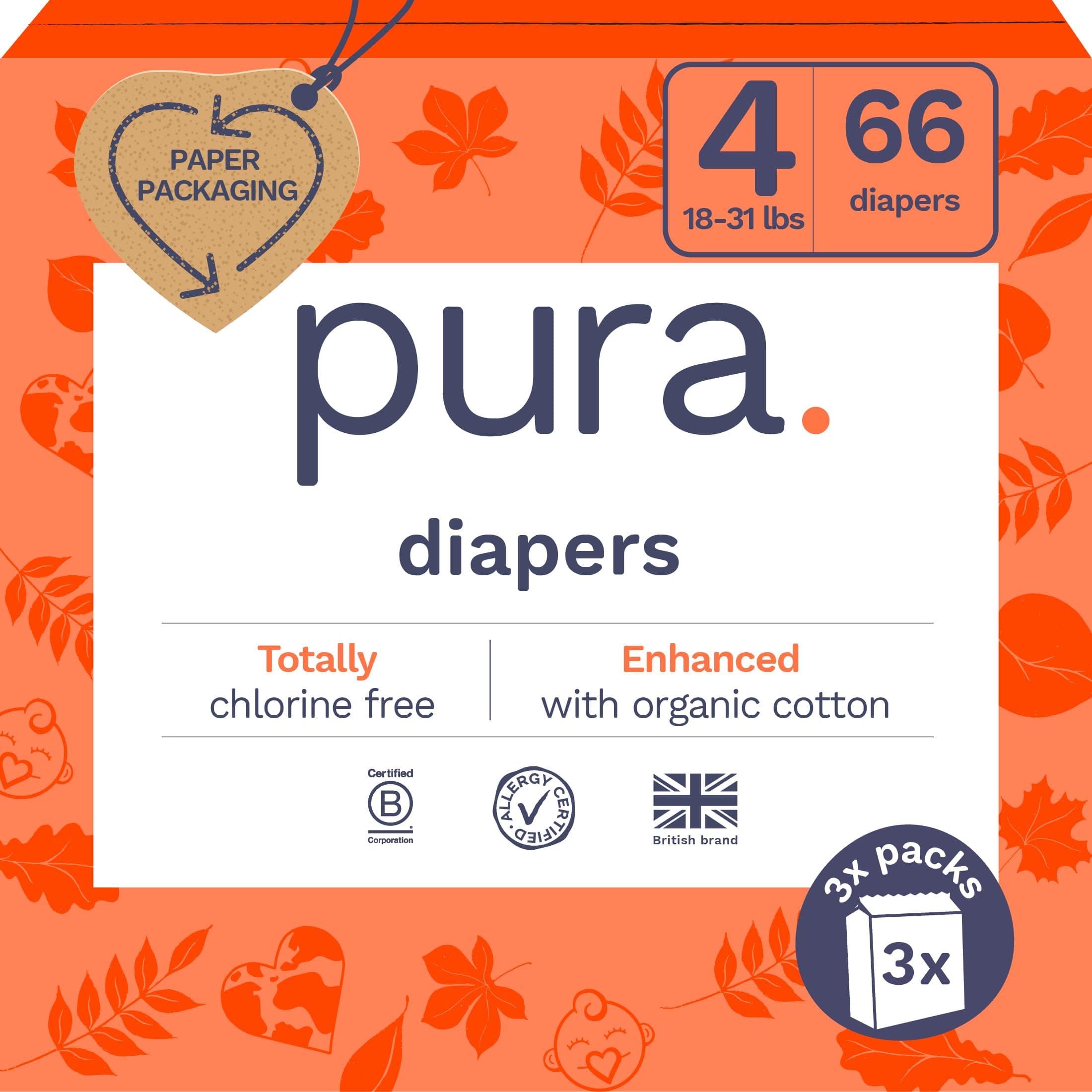 Size 4 Eco-Friendly Diapers (18-31lbs) TCF Hypoallergenic, Soft Organic Cotton, Sustainable, up to 12 Hours Leak Protection, Allergy UK, Recyclable Packaging, 3 Packs of 22 (66 Diapers)