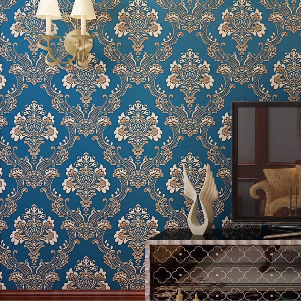 QIHANG Embossed 3D Stereoscopic Damask Flower Non-Woven Bedroom TV Backdrop Living Room Wallpaper 0.53m (1.73' W) x 10m (32.8'L) =5.3ใก (57 sq.ft) (Blue)