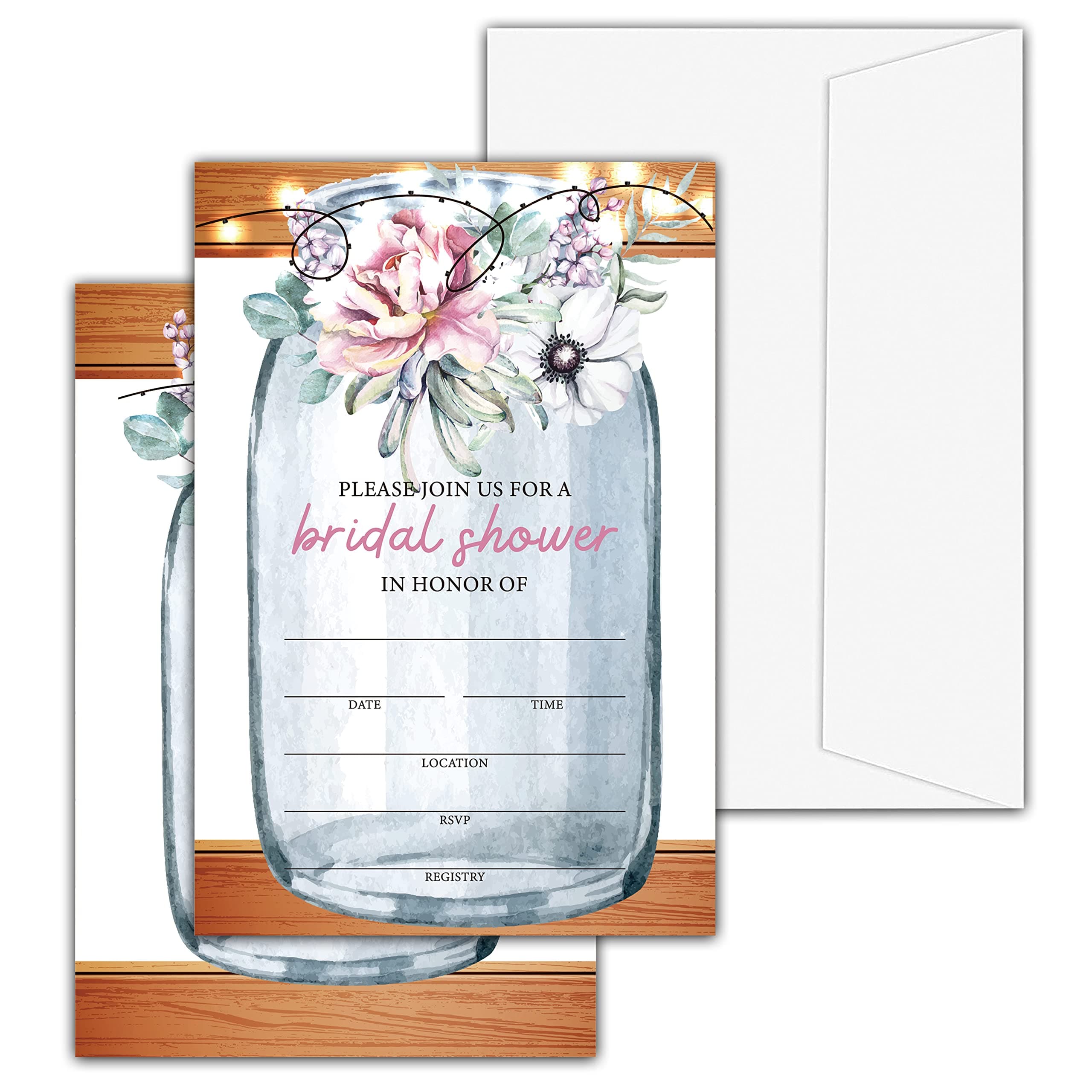 Levitatinyear Rustic Mason Jar Bridal Shower Invitations with Envelopes, 25 Pcs Boho Floral Blank Fill-in Invites for Wedding Reception, Engagement Party, Bachelorette Party(17)