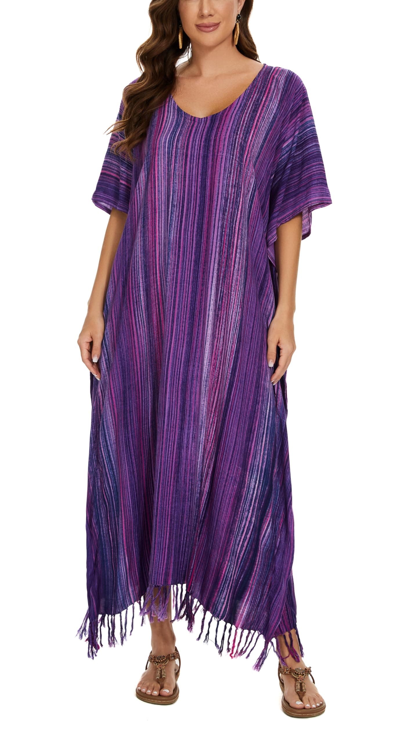 BeautybatikWomen Stripe Caftan Kaftan Loungewear Maxi Plus Size Long Dress XL to 4X