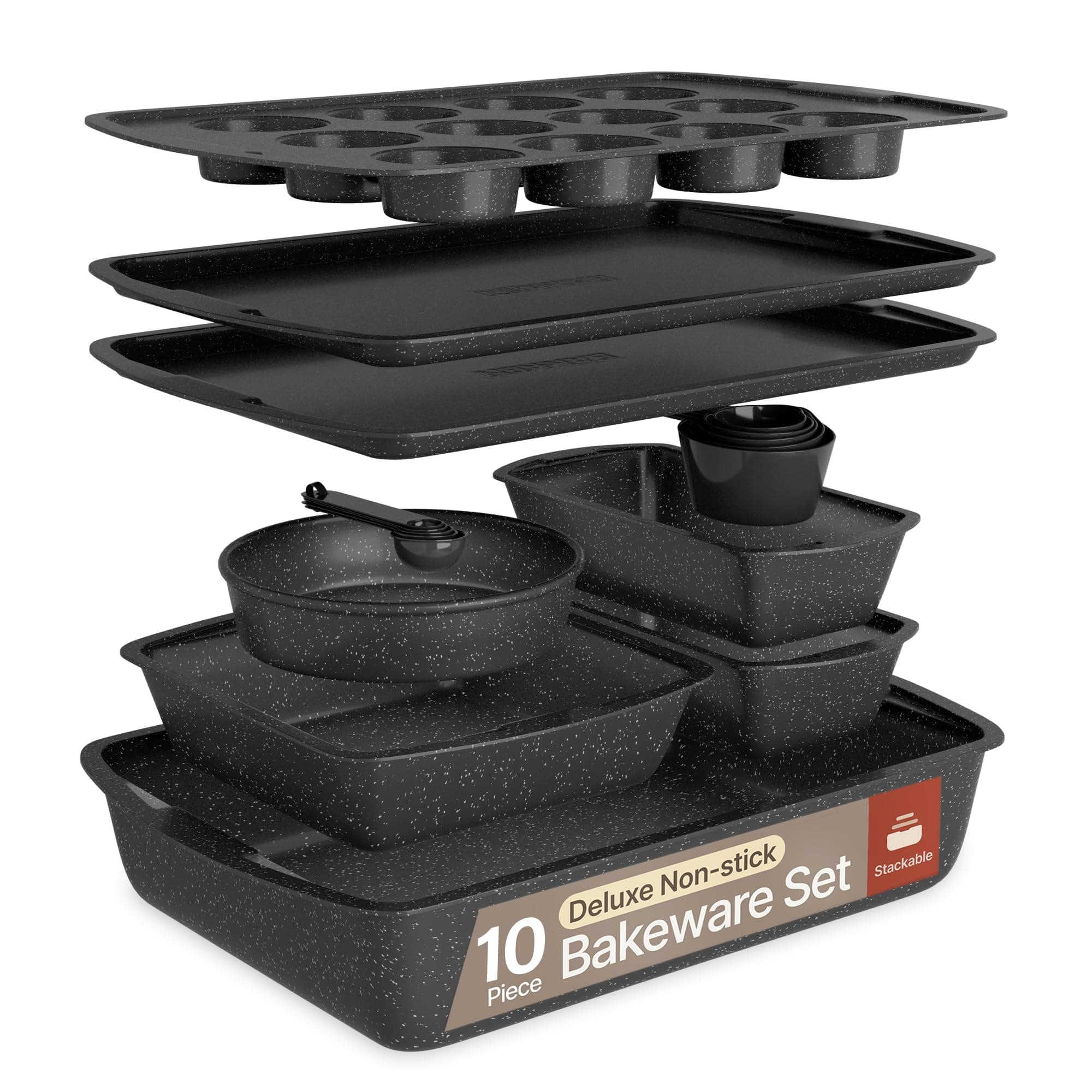 Gray Marble 10-Piece Bakeware Sets, Nonstick Carbon Steel Baking Sheet & Pans, Stackable Space-Saving Bakeware, Dishwasher Safe, Stain-resistant, PFOAPFOSPTFE Free, Oven Safe Up To 450°F (230°C)