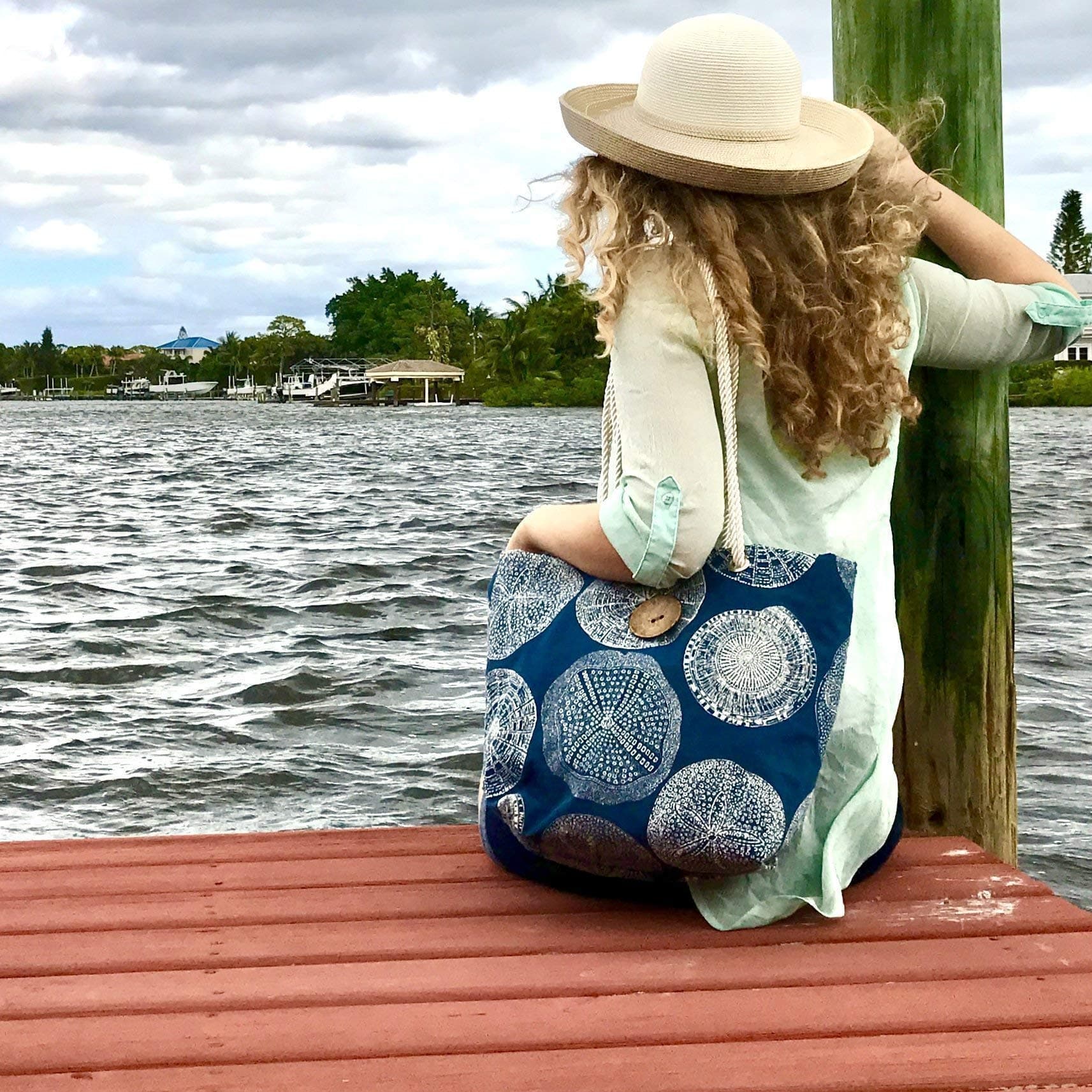 Beach tote- tote w/wood button- beach bag- shoulder bag- color: navy and white- sand dollar/fossil print- unique design - inner pocket
