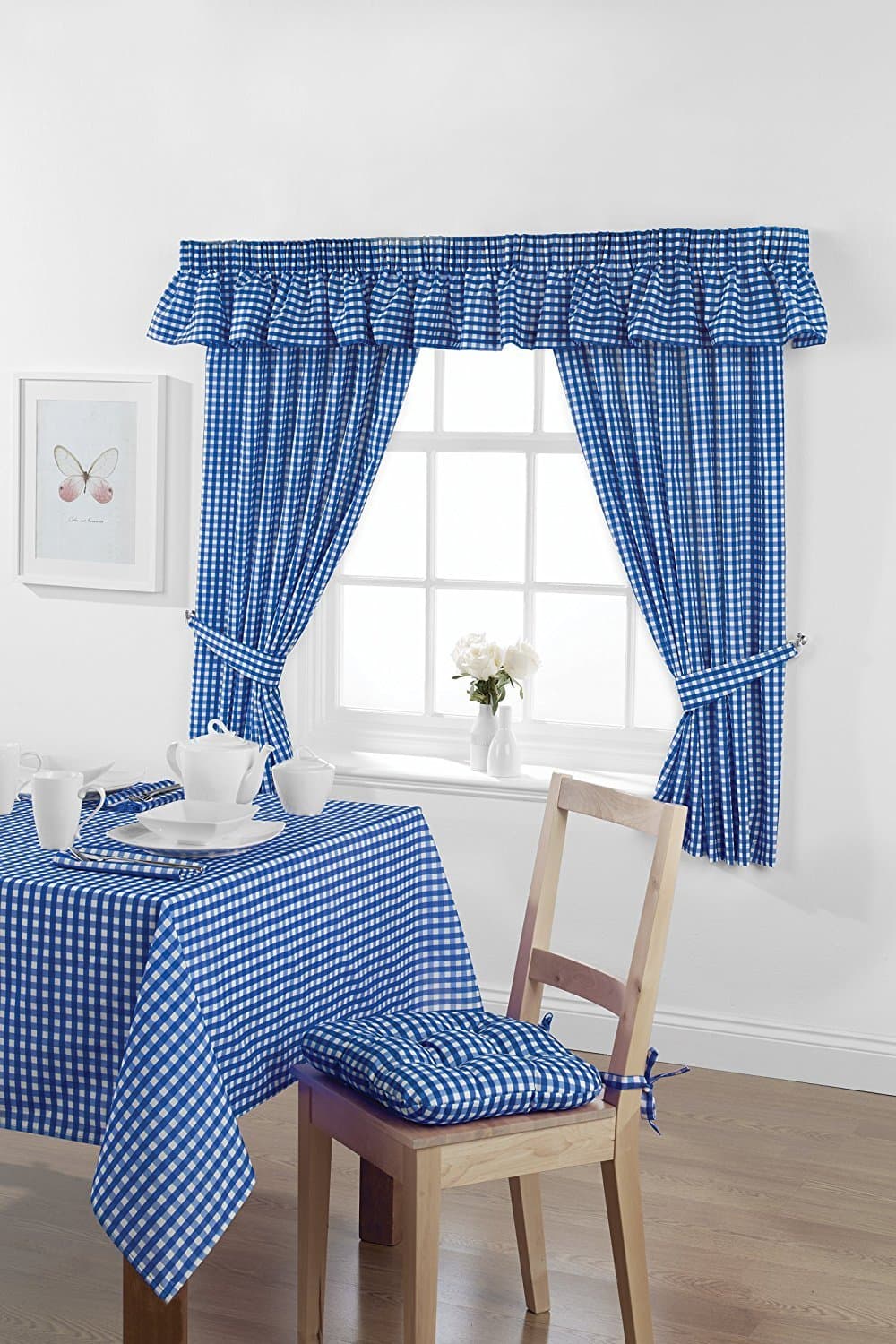 Country Look Gingham Check Bluebell Unlined Readymade Curtain 46x48in (116x122cms) Approximately. Includes Tie Back Pair.