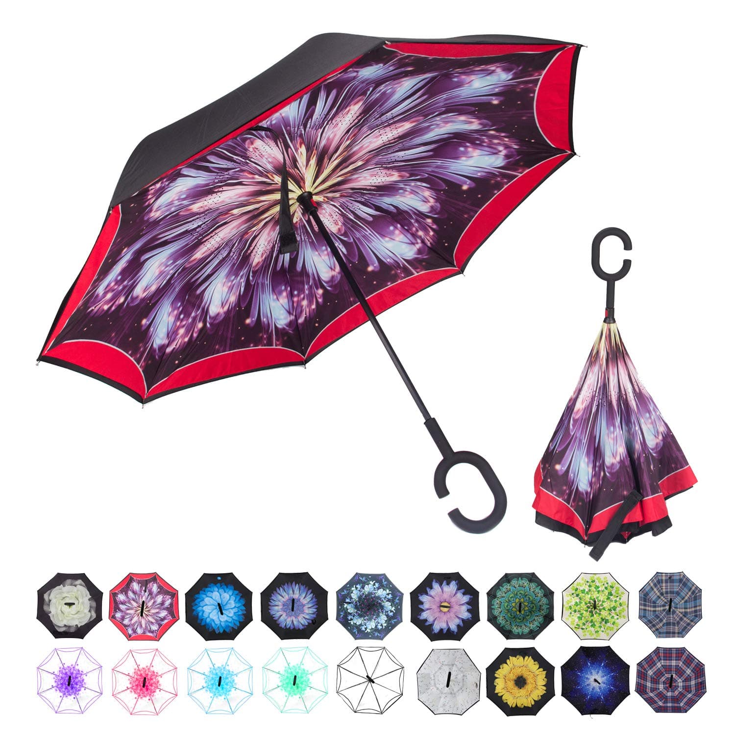 WASING Double Layer Inverted Umbrella Cars Reverse Umbrella, Windproof UV Protection Big Straight Umbrella for Car Rain Outdoor with C-Shaped Handle (Fireworks)