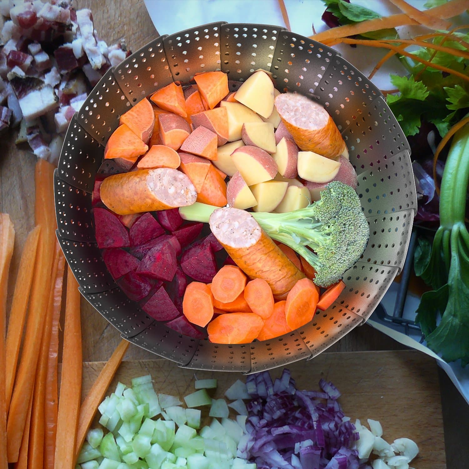 Vegetable Steamer - 100% Stainless Steel Veggie Steamer - Best Collapsible & Non Rust Steaming Pot / Cooker - BPA Free, Fast and Easy to Use - *Satisfaction Guaranteed*