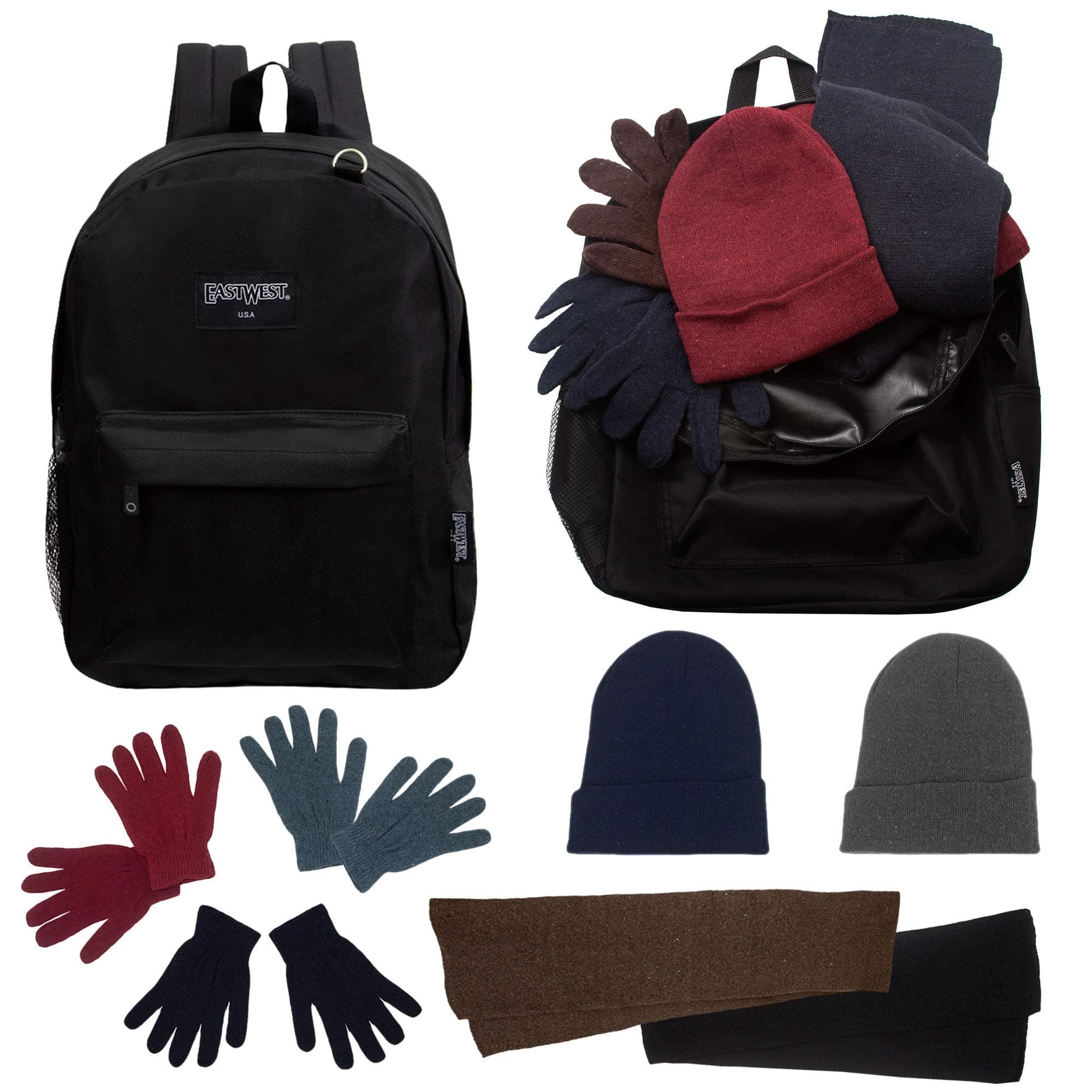 Bulk Case of 12 Backpacks and 12 Winter Item Sets - Wholesale Care Package - Emergencies, Homeless, Charity