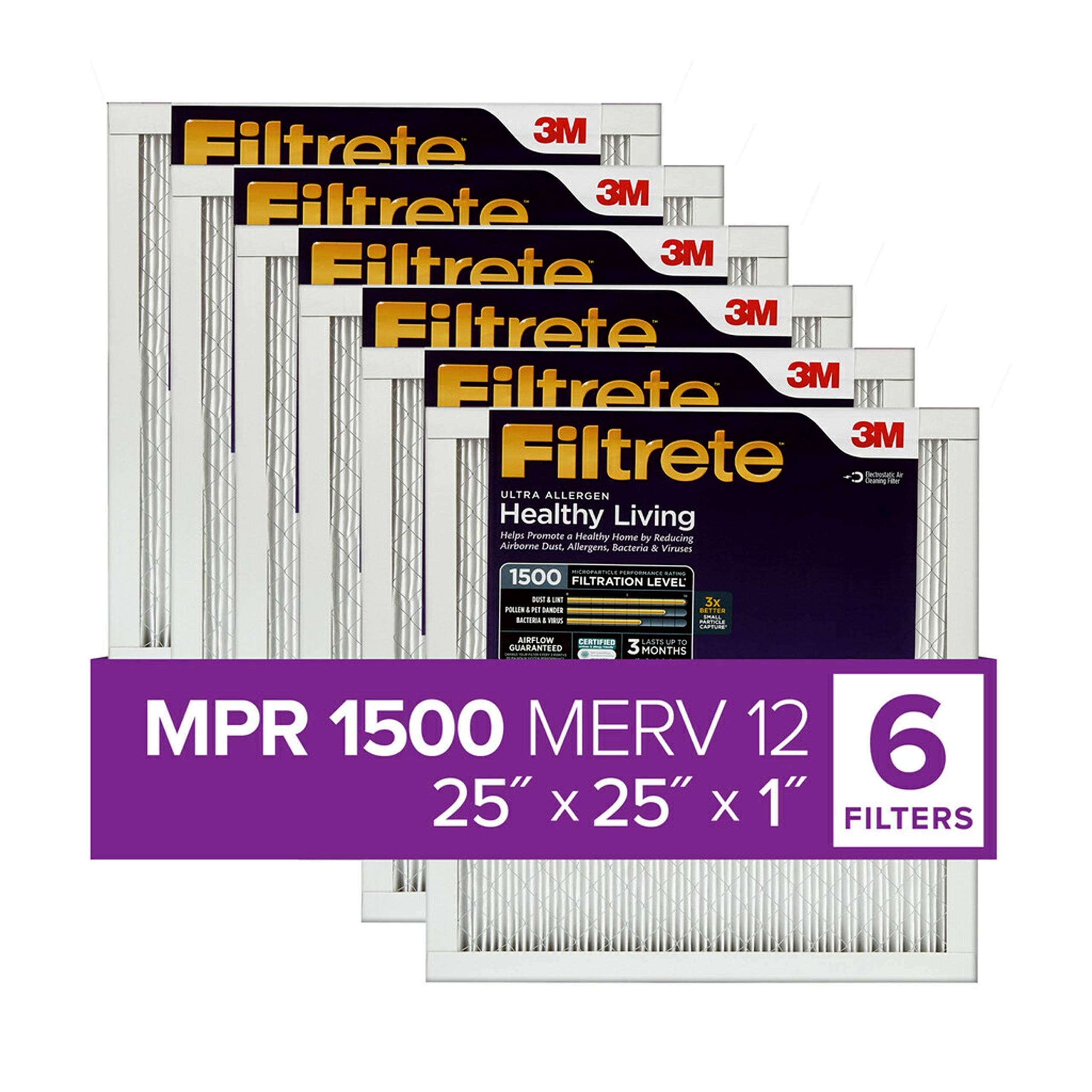 Filtrete25x25x1 AC Furnace Air Filter, MERV 12, MPR 1500, CERTIFIED asthma & allergy friendly, 3 Month Pleated 1-Inch Electrostatic Air Cleaning Filter, 6-Pack (Actual Size 24.81x24.81x0.78 in)