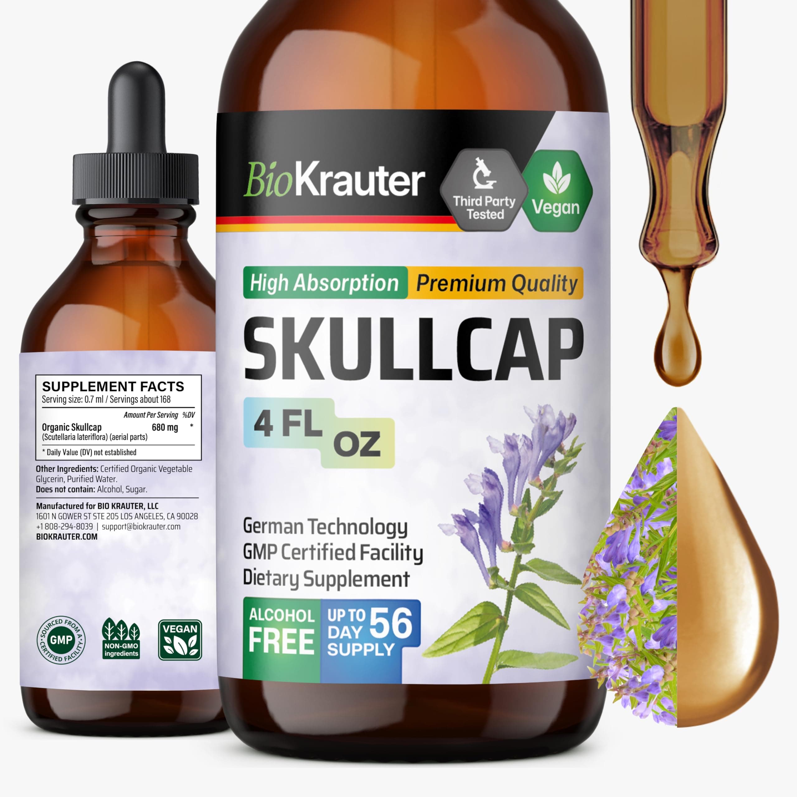 BIO KRAUTER® Skullcap Tincture for Calm & Relaxation - Liquid Skullcap Herb 4 Fl.Oz 56 Days of Supply - Pure & Vegan Sleep Supplement - Calm Drops 680 mg per Serving Alcohol & Sugar Free