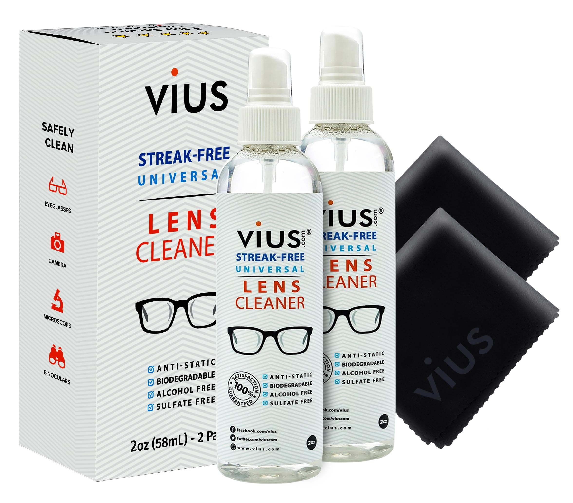 Lens Cleaner Kit – vius Premium Lens Cleaner Spray for Eyeglasses, Cameras, and Other Lenses - Gently Cleans Fingerprints, Dust, Oil (2oz Travel Pack)