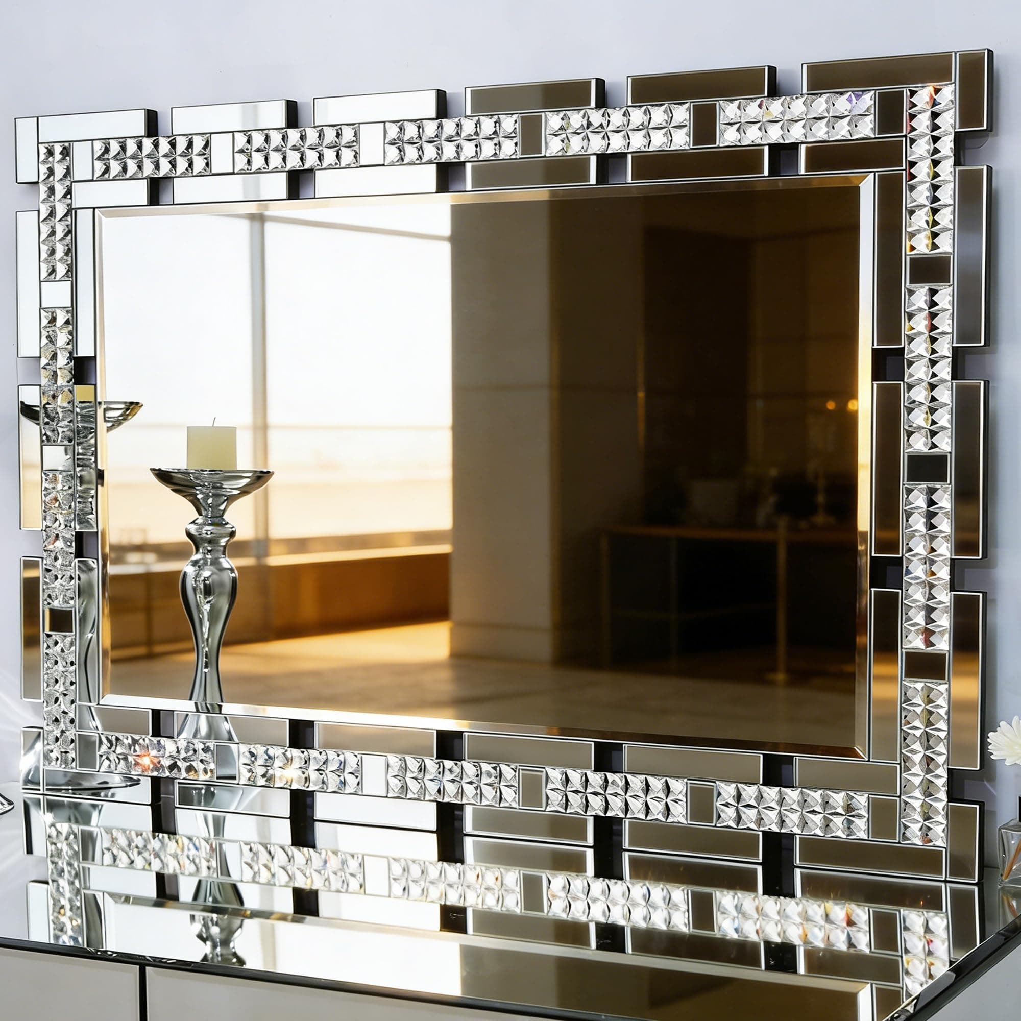 Chende 28" x 40" Large Living Room Mirror for Decor, Crystal Decorative Wall Mirror with Beveled Edge and Glass Frame, Rectangular Wall Decor for Home Office, Dining Room, Bathroom, Entryway