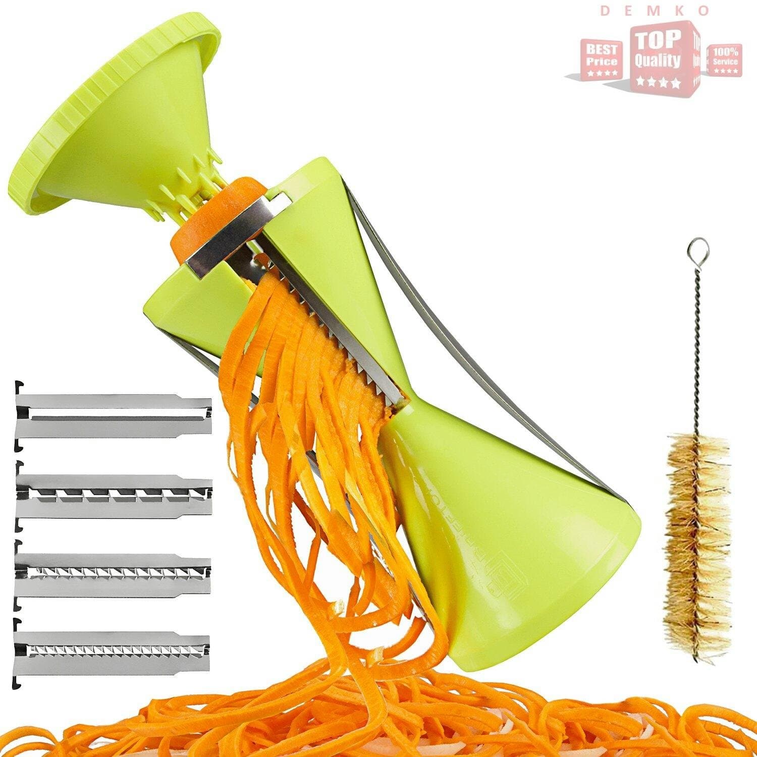 DEMKO Spiral Slicer Spiralizer Complete Bundle - 4-blade Vegetable Cutter - Zucchini Pasta Noodle Spaghetti Maker with Free Cleaning Brush Included - Perfect Veggie Spaghetti / Pasta Maker