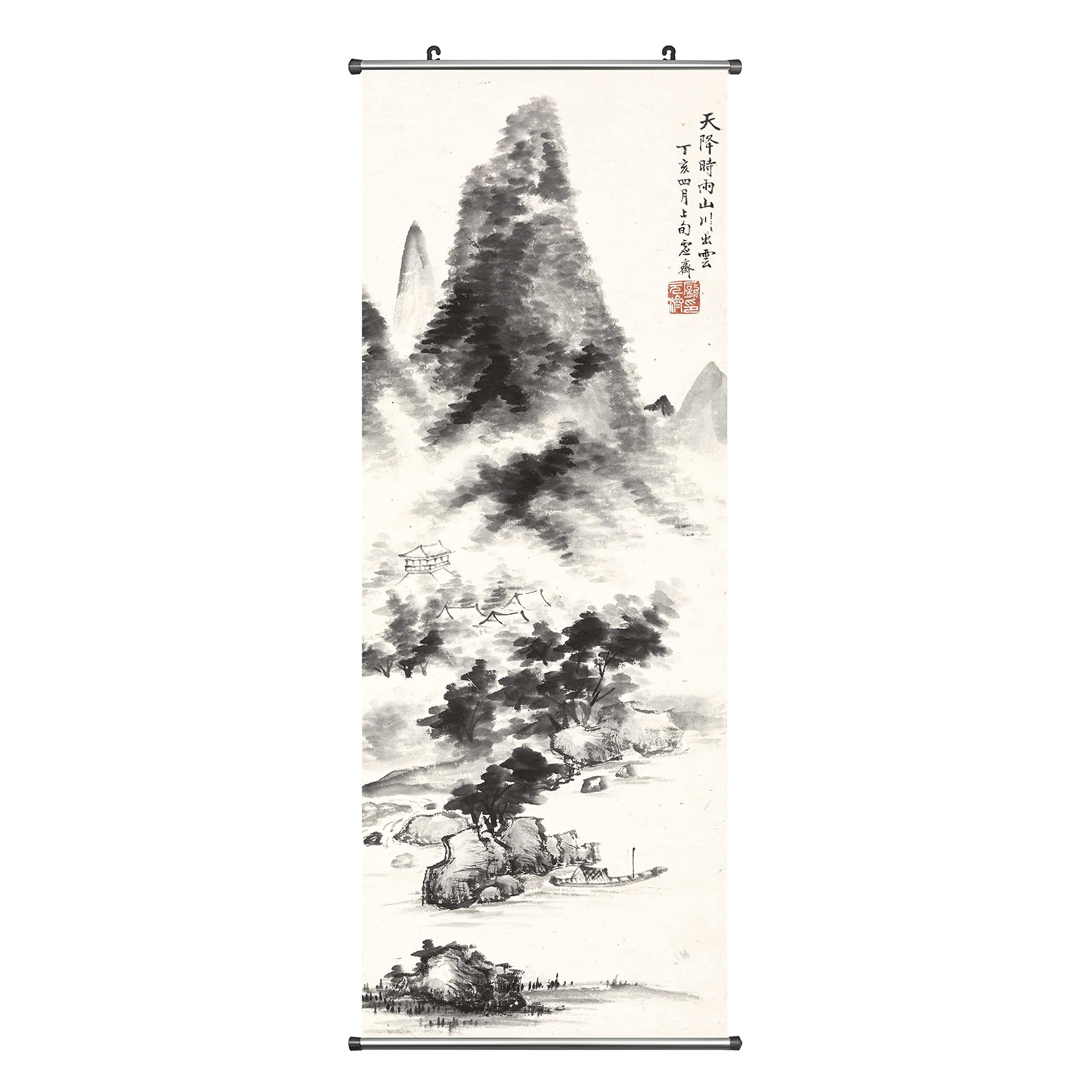 DigiTizerArt Chinese landscape Poster Wall Scroll Art Print with 2 Aluminum Tubes Frame - for Bedroom Office Decorations Premium and Artistic Anime Themed Gift (41''x16''/105x40cm)