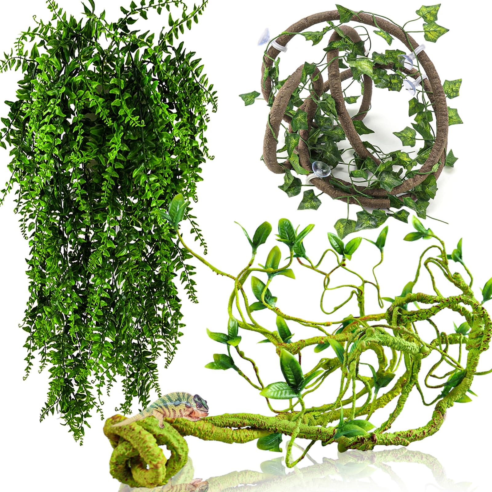 HERCOCCI Reptile Vines, Flexible Jungle Climbing Vines Terrarium Plastic Plants and Leaves Tank Accessories Decor for Gecko Snake Lizard Bearded Dragon Hermit Crab Frog