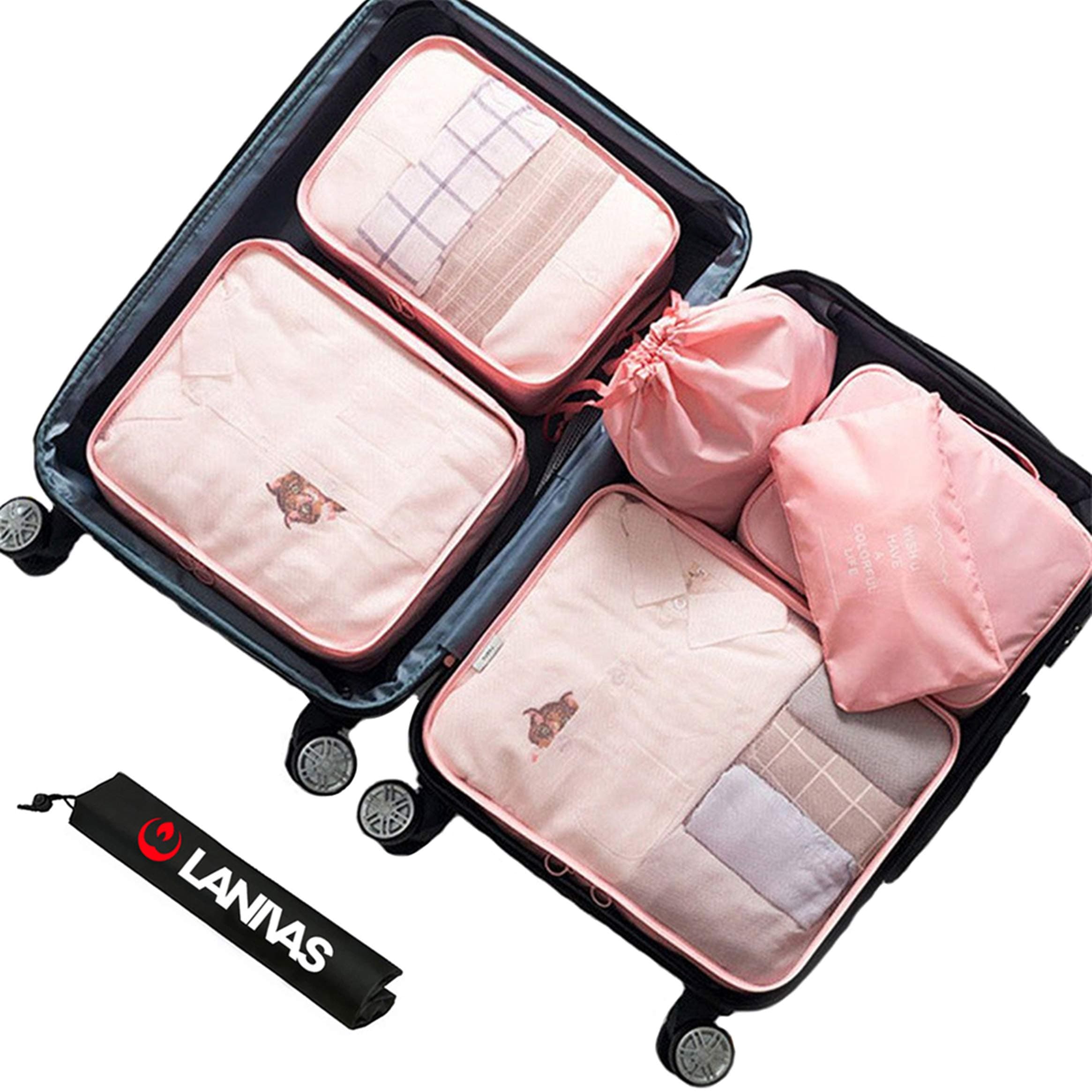 Packing Cubes,Lanivas 7 Set Compact Travel Oraganizers with Laundry and Shoe Bag Light Pink