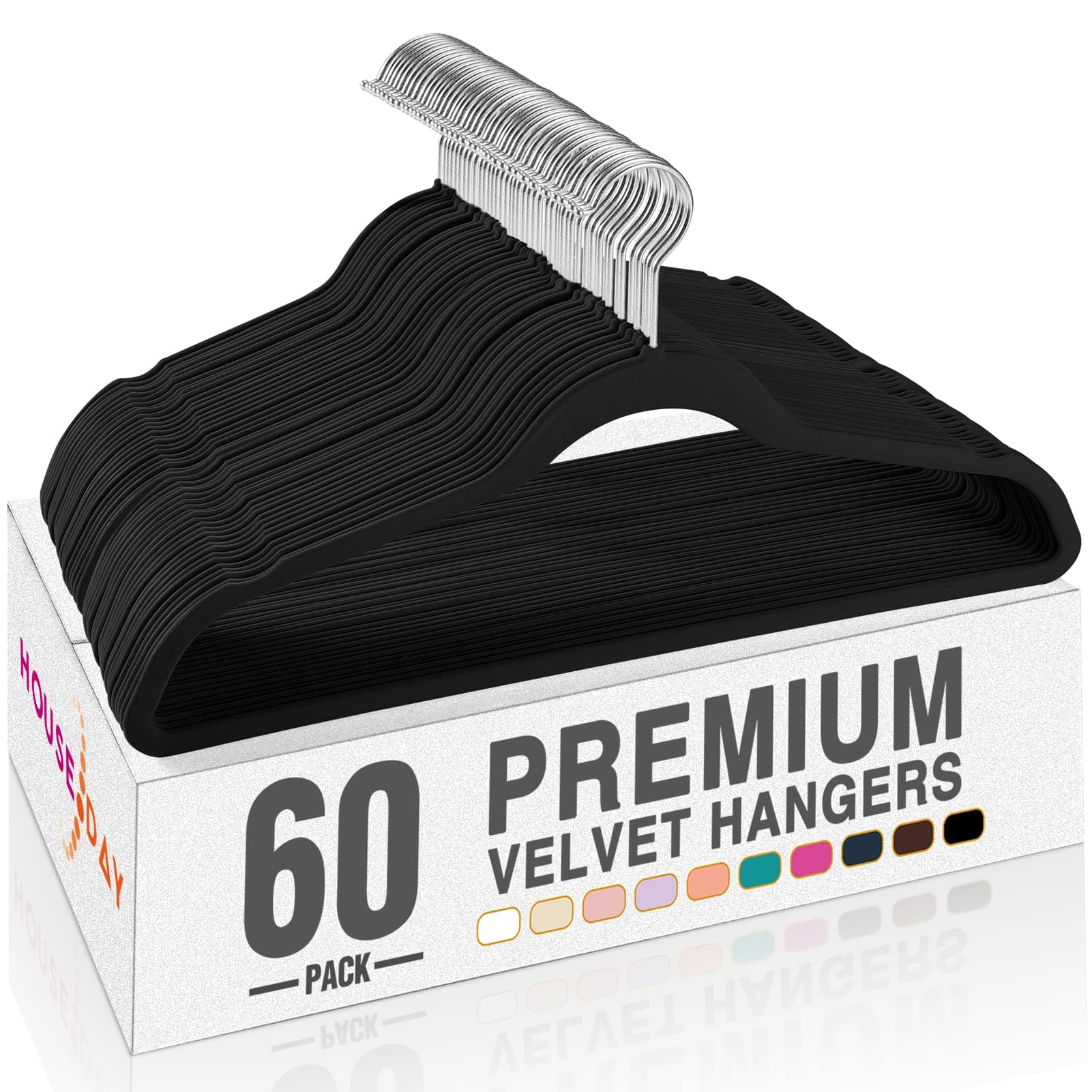Black Velvet Hangers 60 Pack, Non Slip Clothes Felt Hanger Heavy Duty for Coat, Premium Slim Space Saving Suit Hangers for Closet Organizer, 360° Rotating Silver Hook