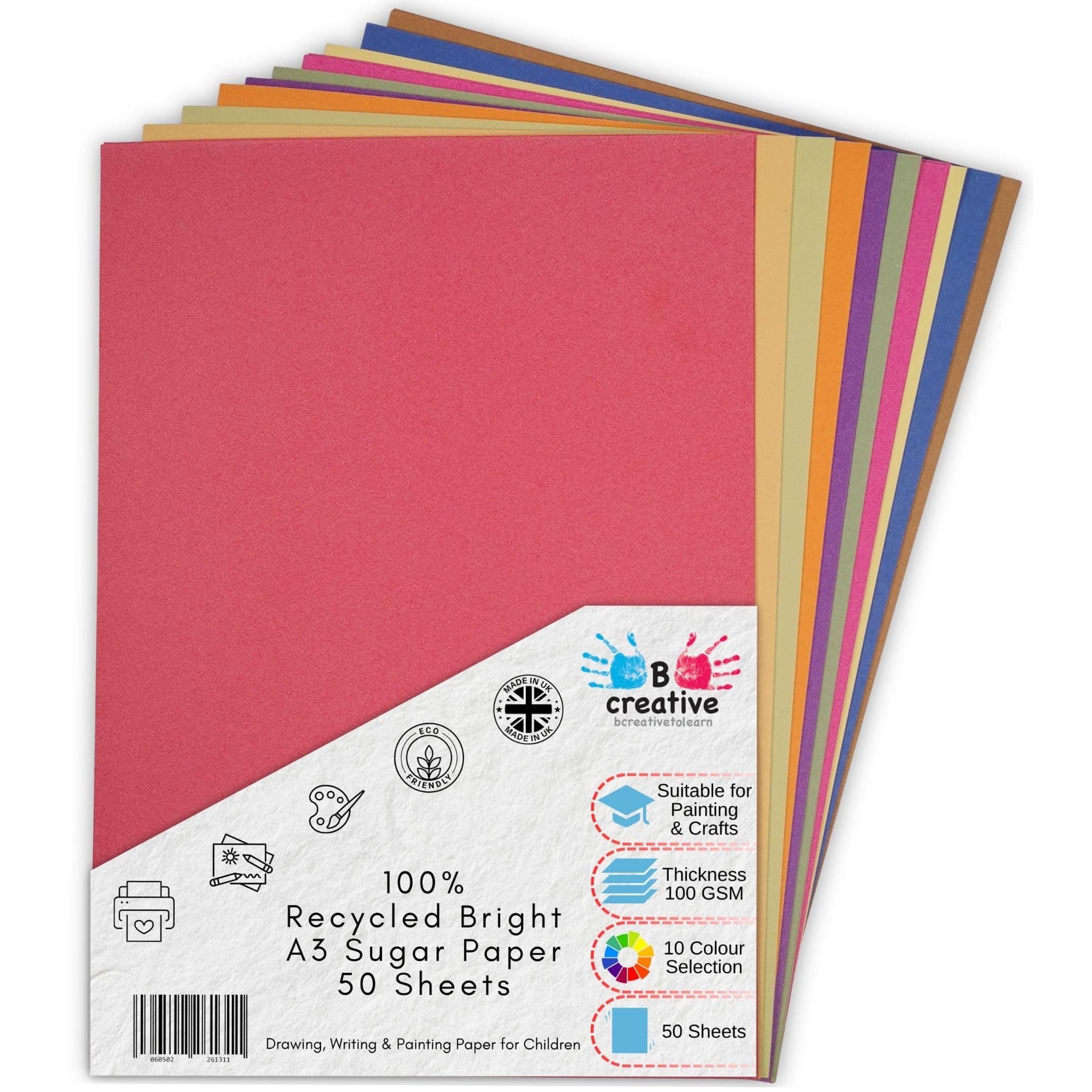 – A3 Recycled Sugar Paper Bright Colours 50 Large Sheets in 10 Assorted Colours, Great for Arts & Crafts, Drawing, Painting & Scrap Booking. 42 x 30cm Sheet Size