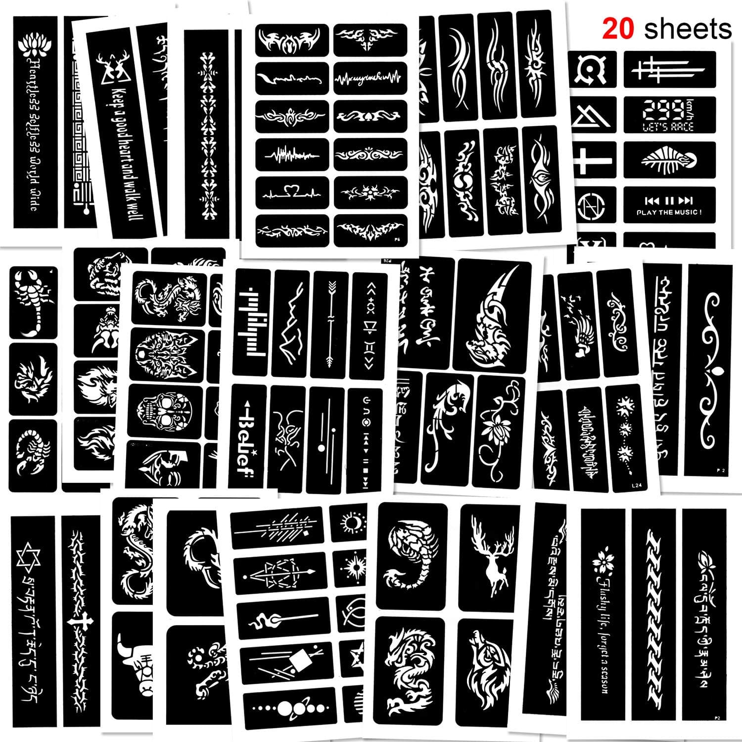 Konsait 123pcs Large Temporary Tattoos Stencils, 20 Sheets Man Glitter Tattoo Kit Templates Face Painting Stencil Body Art Stencil Pack for Adults Women