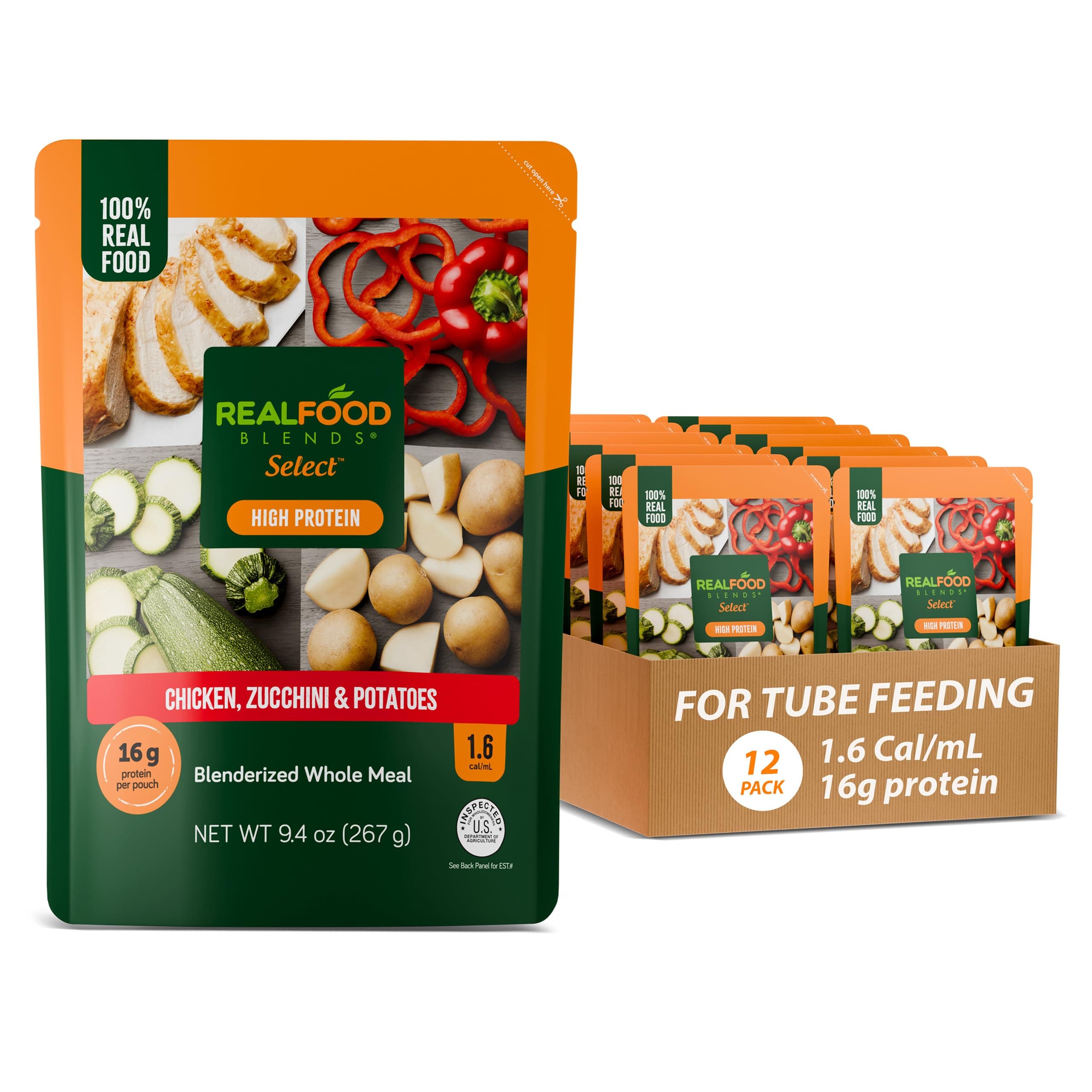 Real Food Blends Select Chicken, Zucchini & Potatoes – Pureed Food Meal for Feeding Tubes, 9.4 oz Pouch (Pack of 12 Pouches)