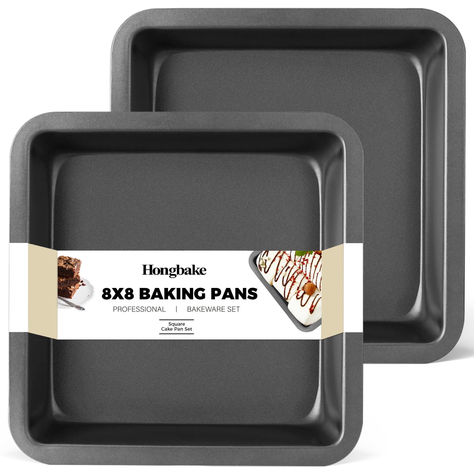 HONGBAKE 8x8 Cake Baking Pan Set, Nonstick Square Brownie Pans with Wider Grips, 2 Pieces, Heavy Duty, Grey