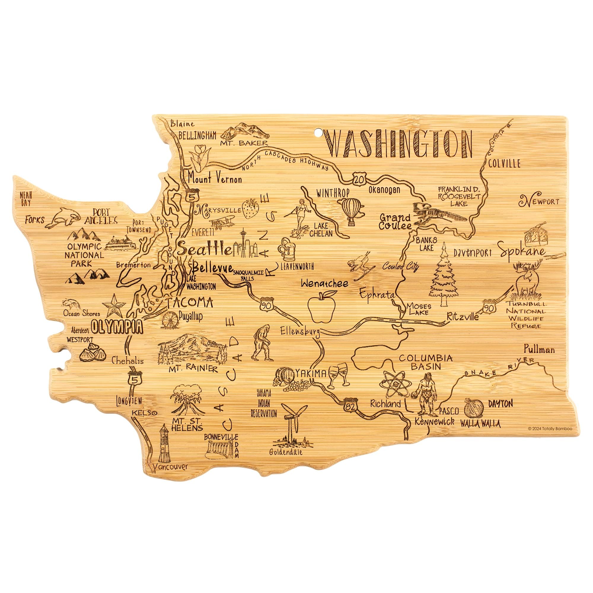 Totally Bamboo Destination Washington Shaped Cutting Board – Bamboo Charcuterie and Serving Board with Hang Tie for Wall Display