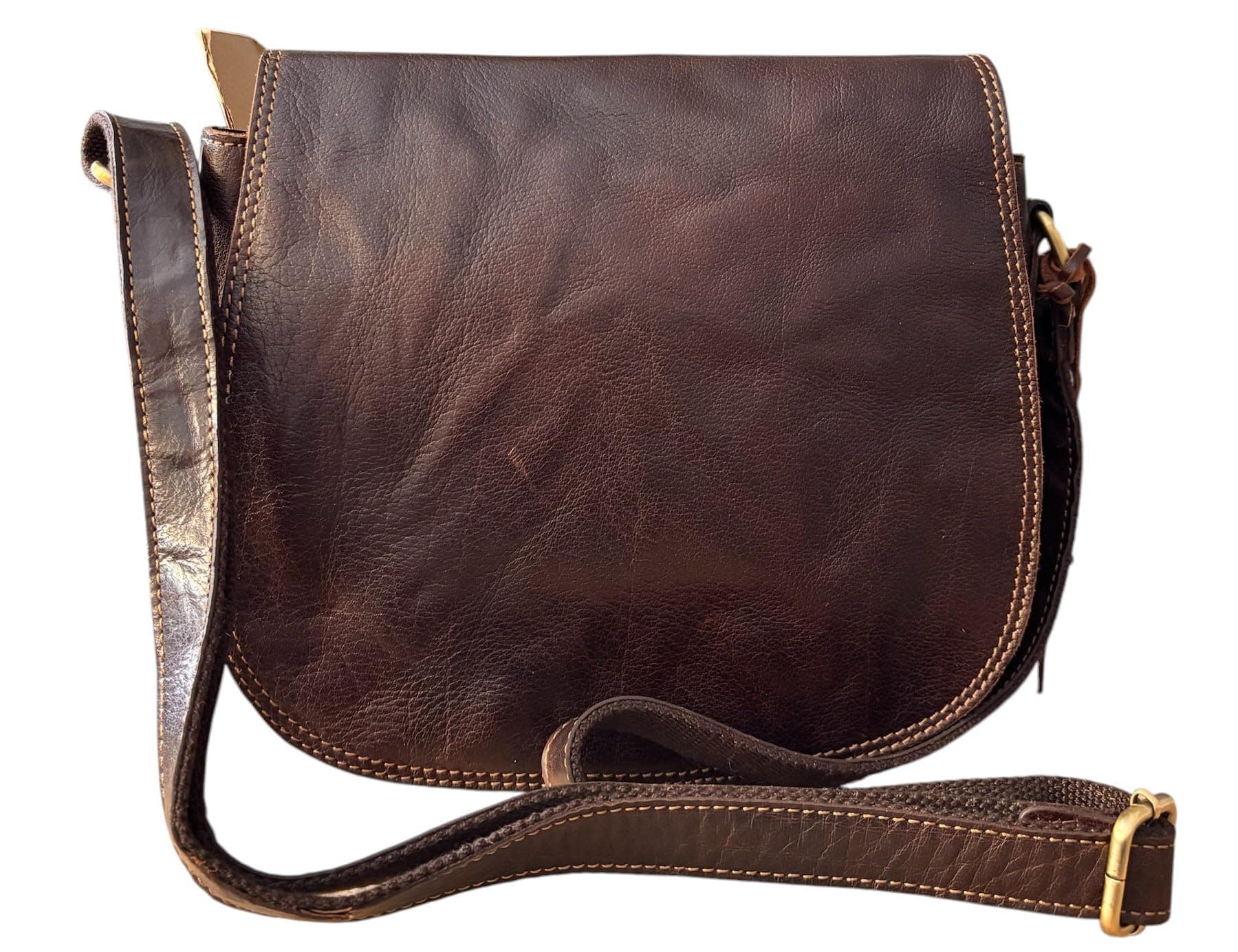 Medium Brown Leather Crossbody Saddle Flap Handbag Bag - 7286