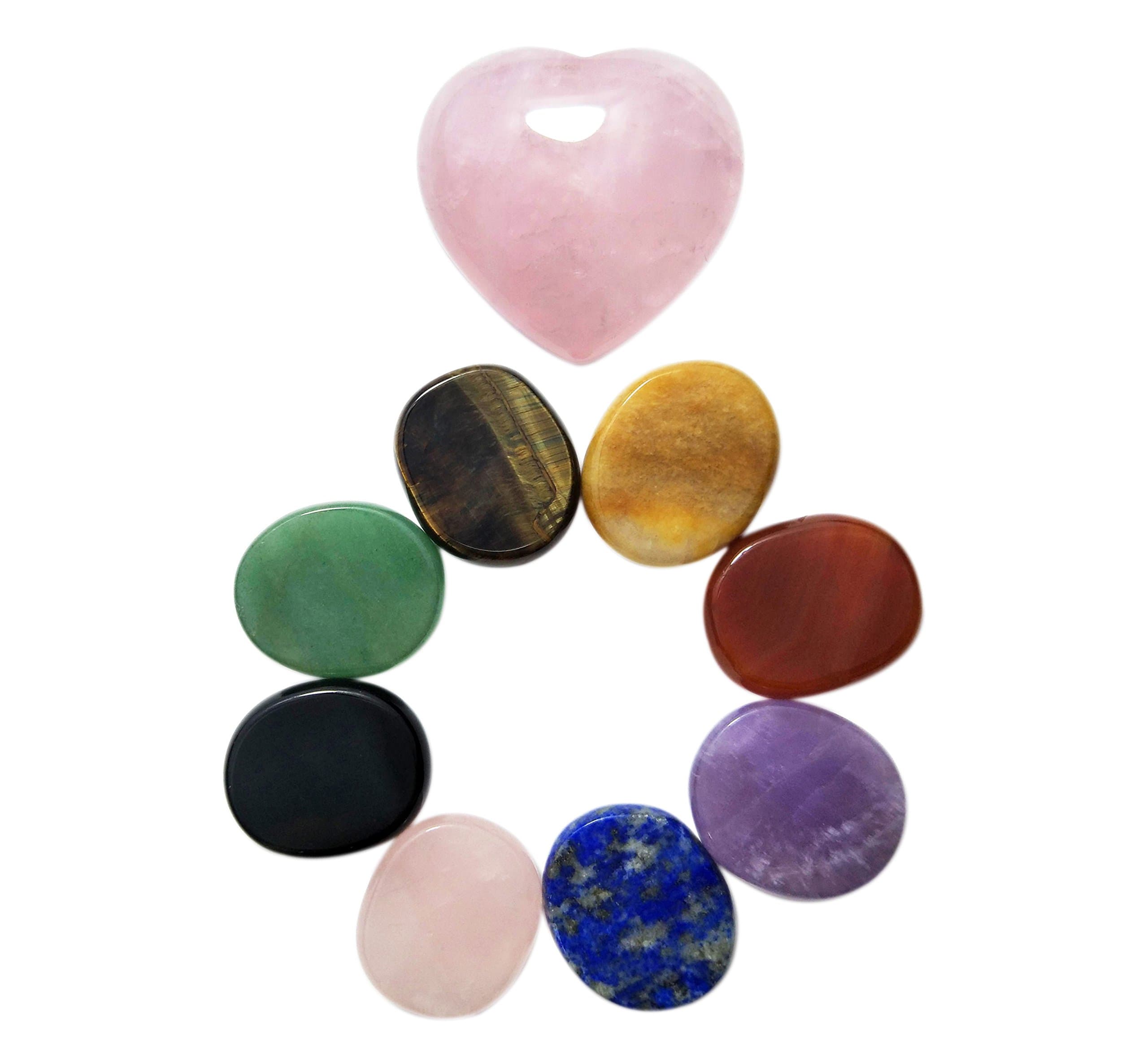 Heart Shaped Rose Quartz Crystal and Oval Shaped Chakra Stones Bundle, for Chakras Balancing, Crystal Healing, Worry Stones, Palm Stones, Massages