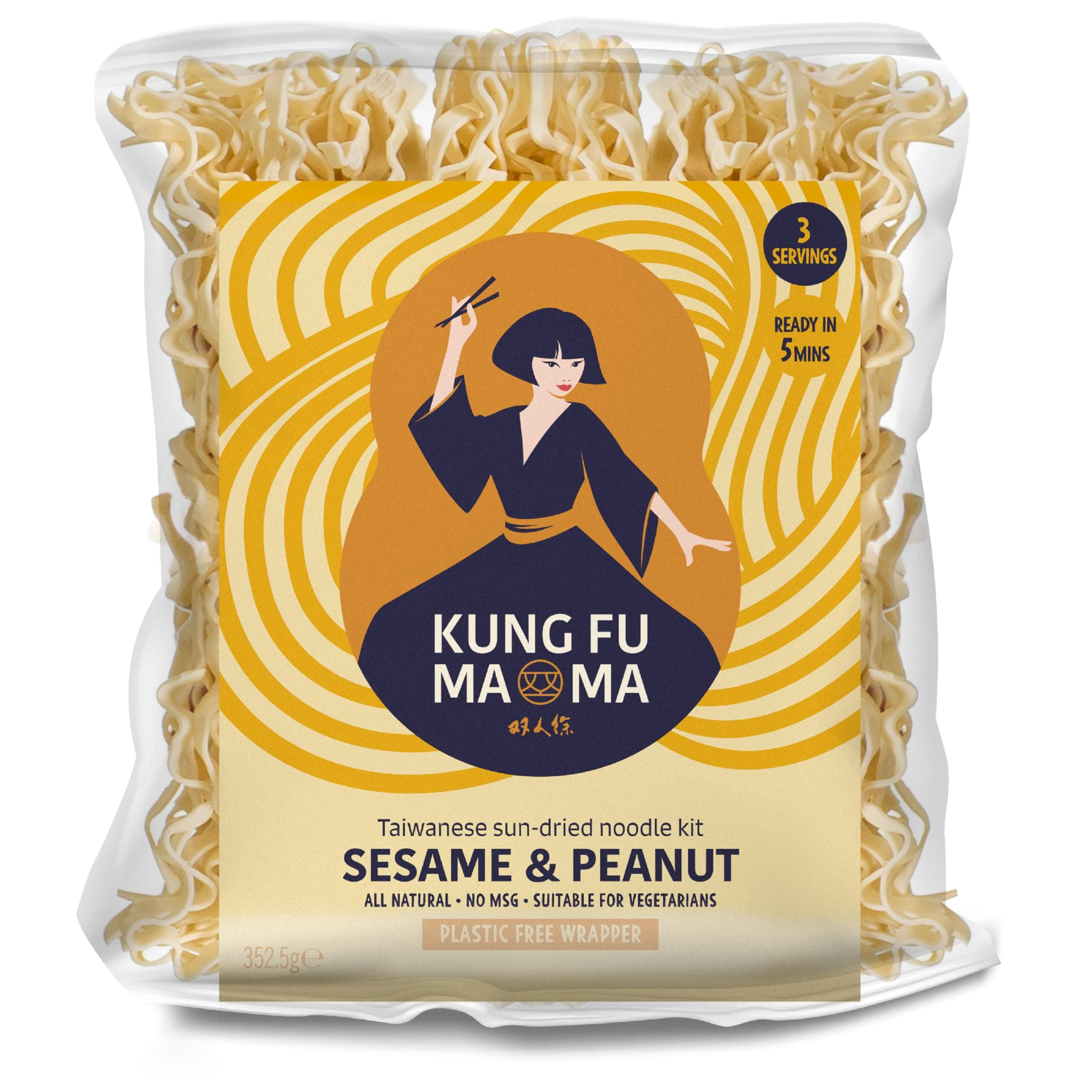 Kung Fu Mama Sesame & Peanut Noodles - Taiwanese Sun-Dried Multipack Noodles - All Natural Ingredients, No Nasties & No MSG Noodle Kit - Super Tasty, Creamy & Authentic Noodles - 3 Servings (352.5g)