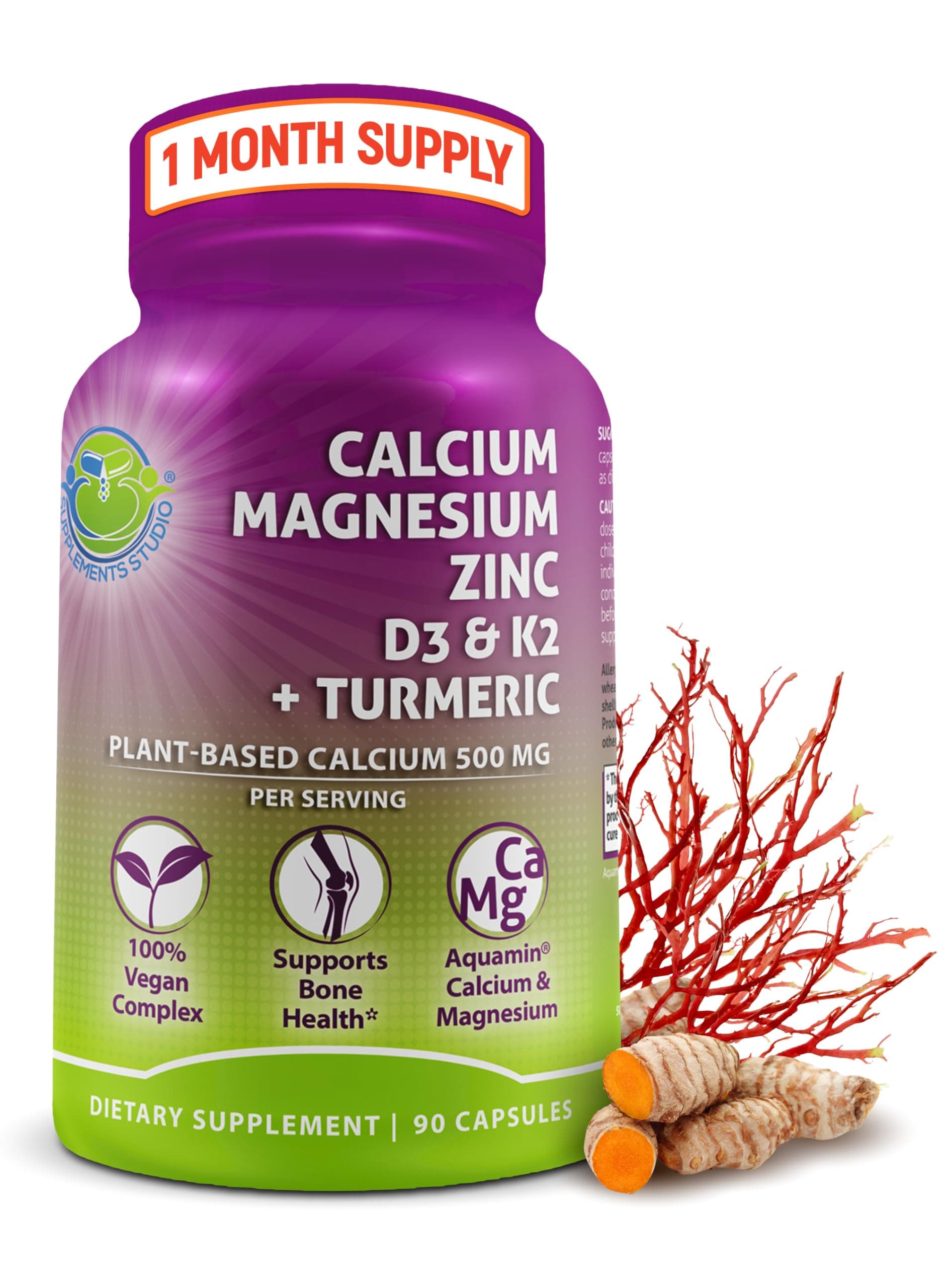 Plant-Based Calcium 500mg (Aquamin) – Vegan Calcium Magnesium Zinc D3 with Vitamin K2 & Organic Turmeric – Enhanced Bone and Muscle Health & Strength, Immune Support for Women & Men - 90 Count