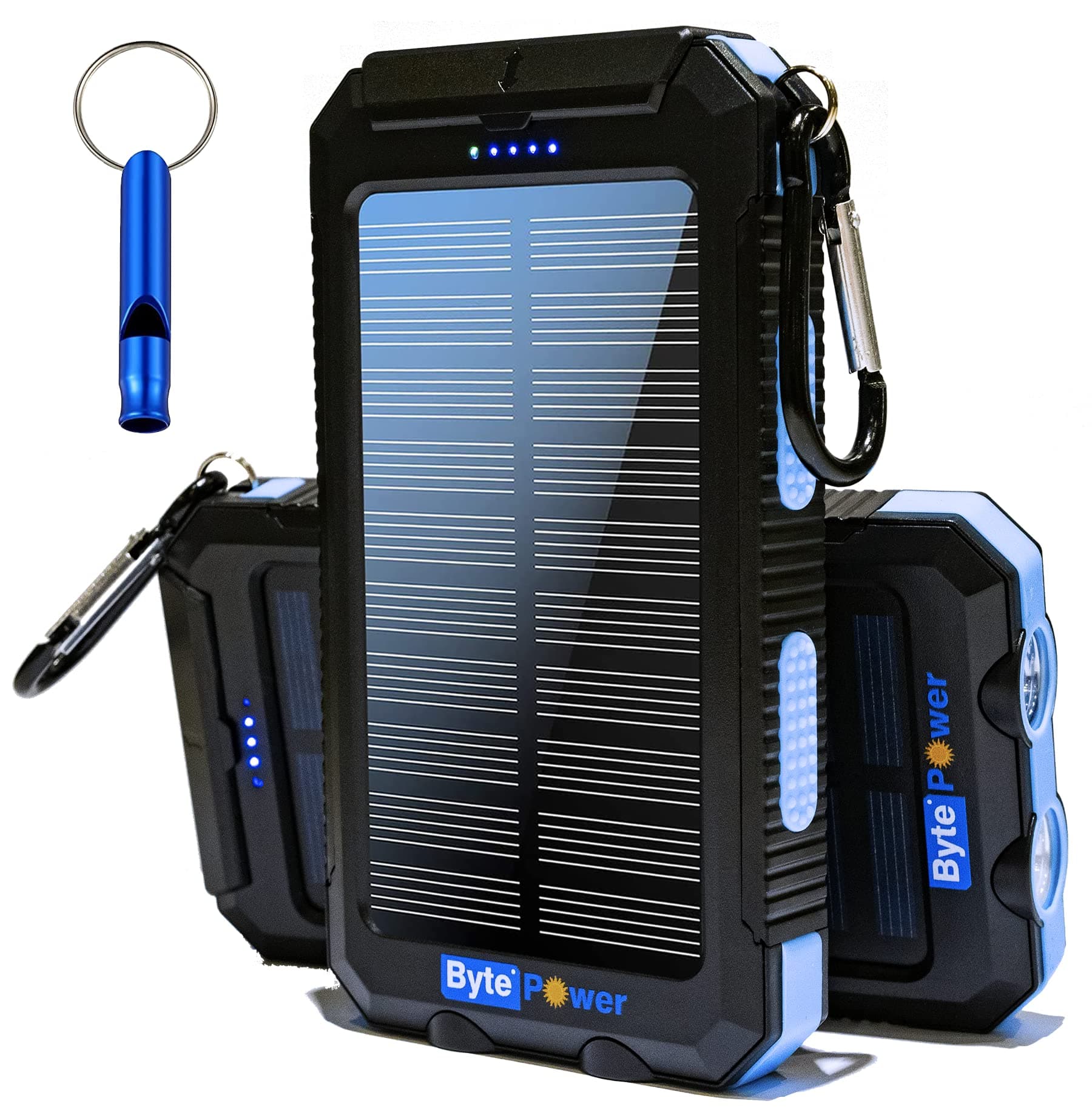 SolarCharger Power Bank 8000mAh, Portable Solar Pone Charger with Compass,Carabiner, Whistle,Flashlights,Solar Panel Charger,Camping Gear Accessory (Blue)