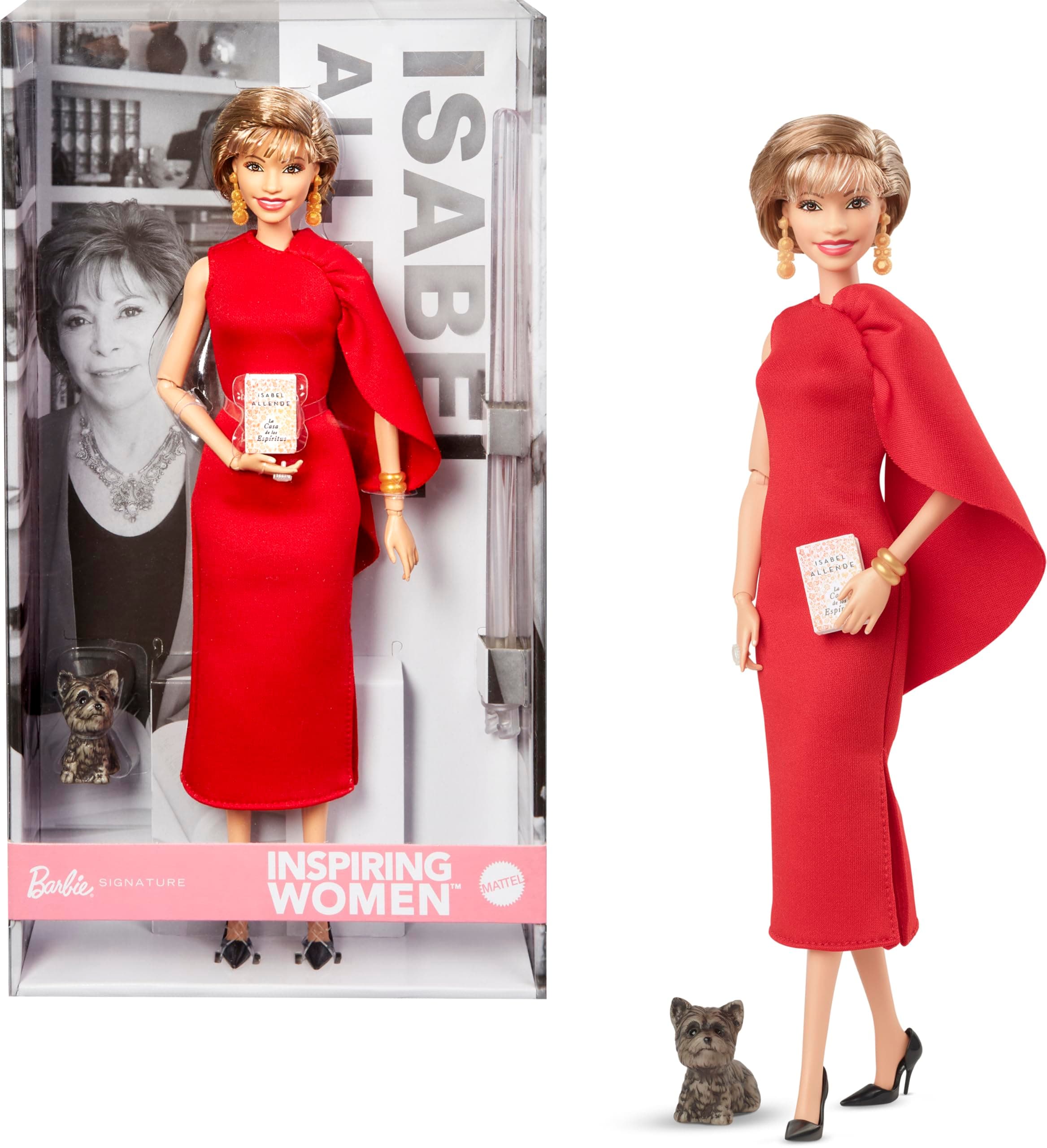Inspiring Women Doll, Isabel Allende Collectible with in Red Dress with Book Accessory & Pet