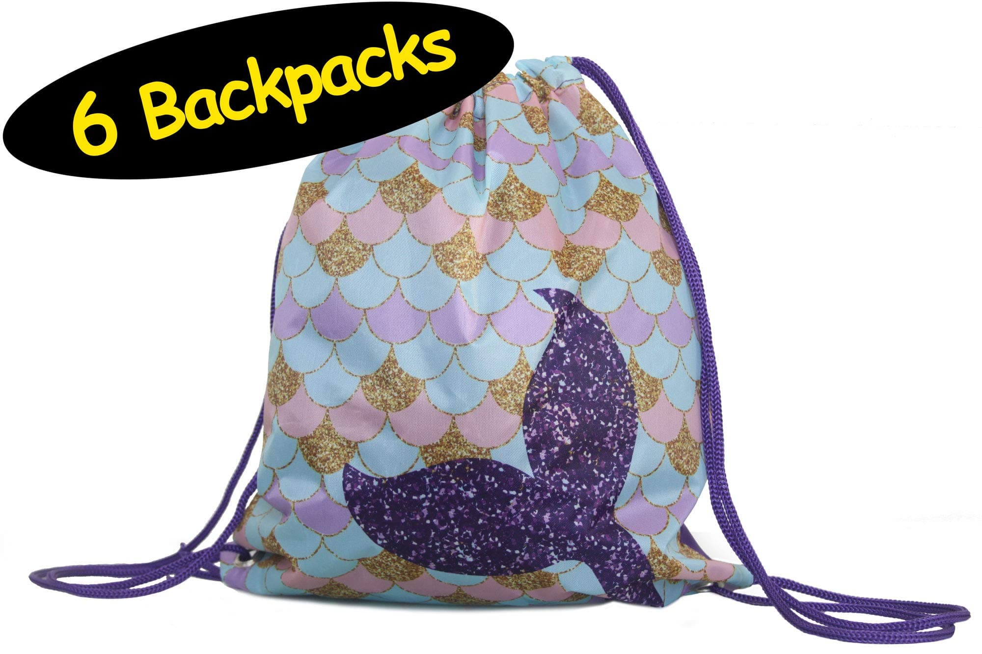 Think Green FunMermaid Party Favor Drawstring Backpacks Goodie Bags, 6-Pack, 12x14 inches